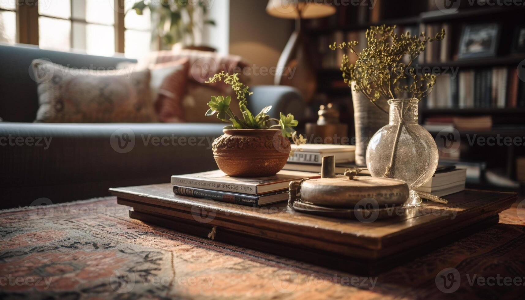 Elegant living room with antique bookshelf decoration generated by AI photo