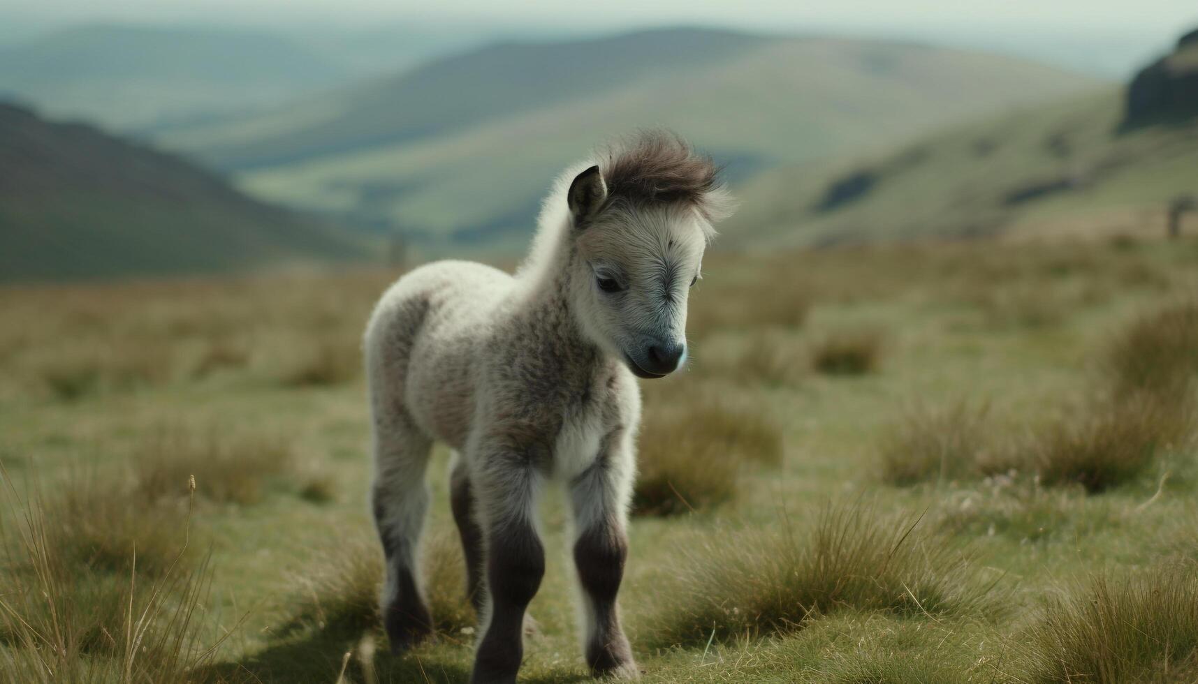 Fluffy lamb grazes in tranquil meadow pasture generated by AI photo