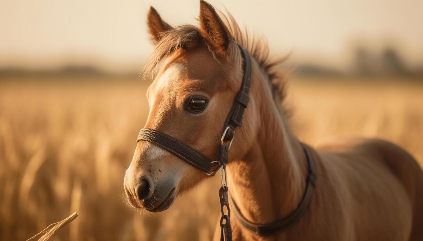 Stallion beauty in nature, close up portrait grazing generated by AI photo