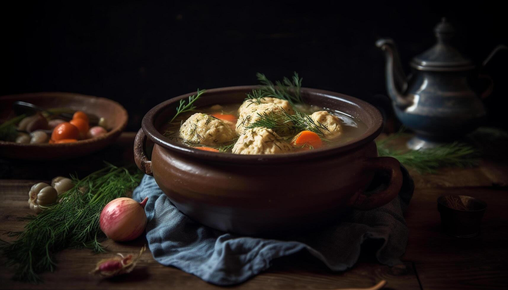 Rustic beef stew cooked in clay pot generated by AI photo