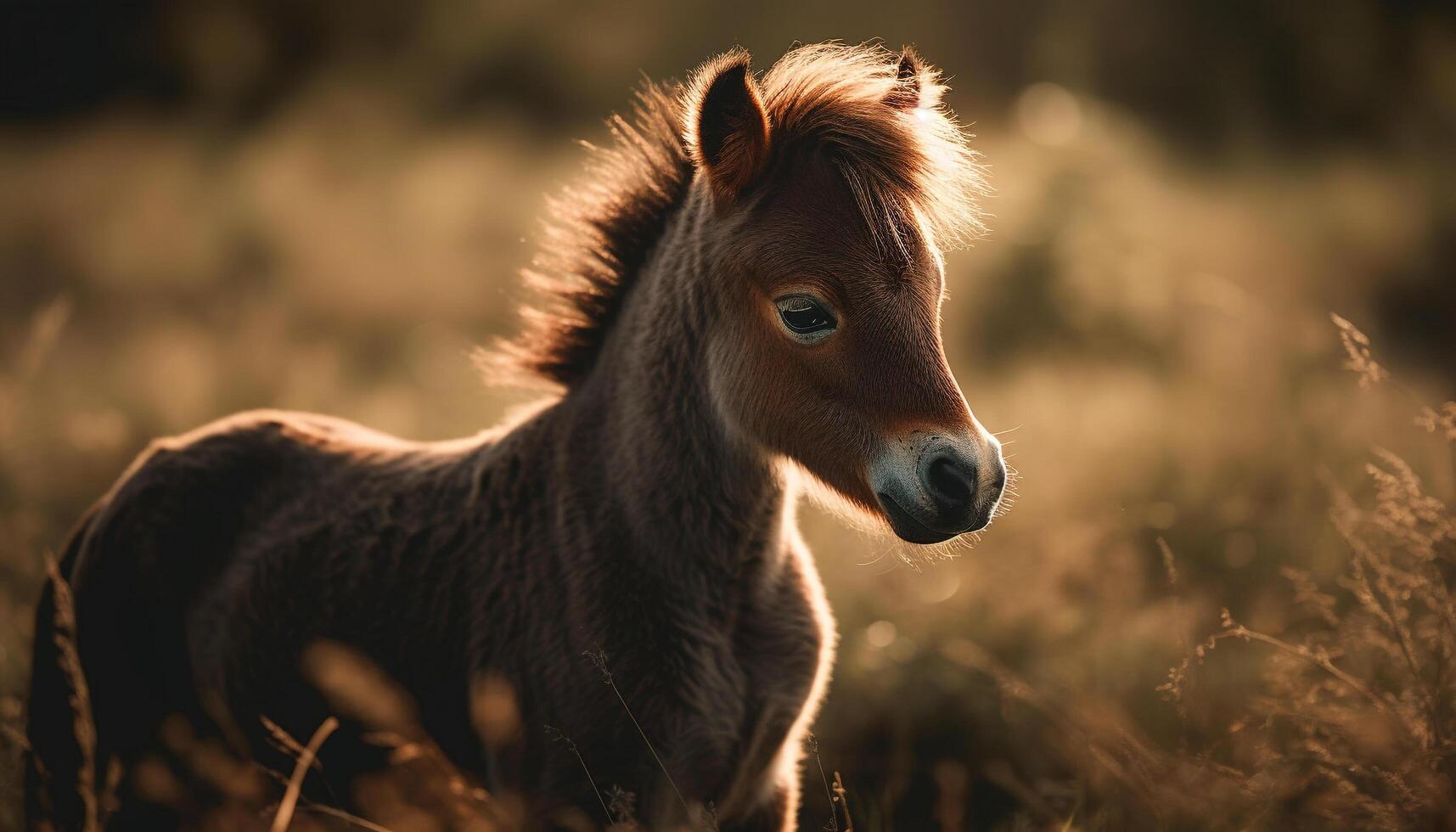 Cute foal grazing in peaceful meadow sunset generated by AI photo
