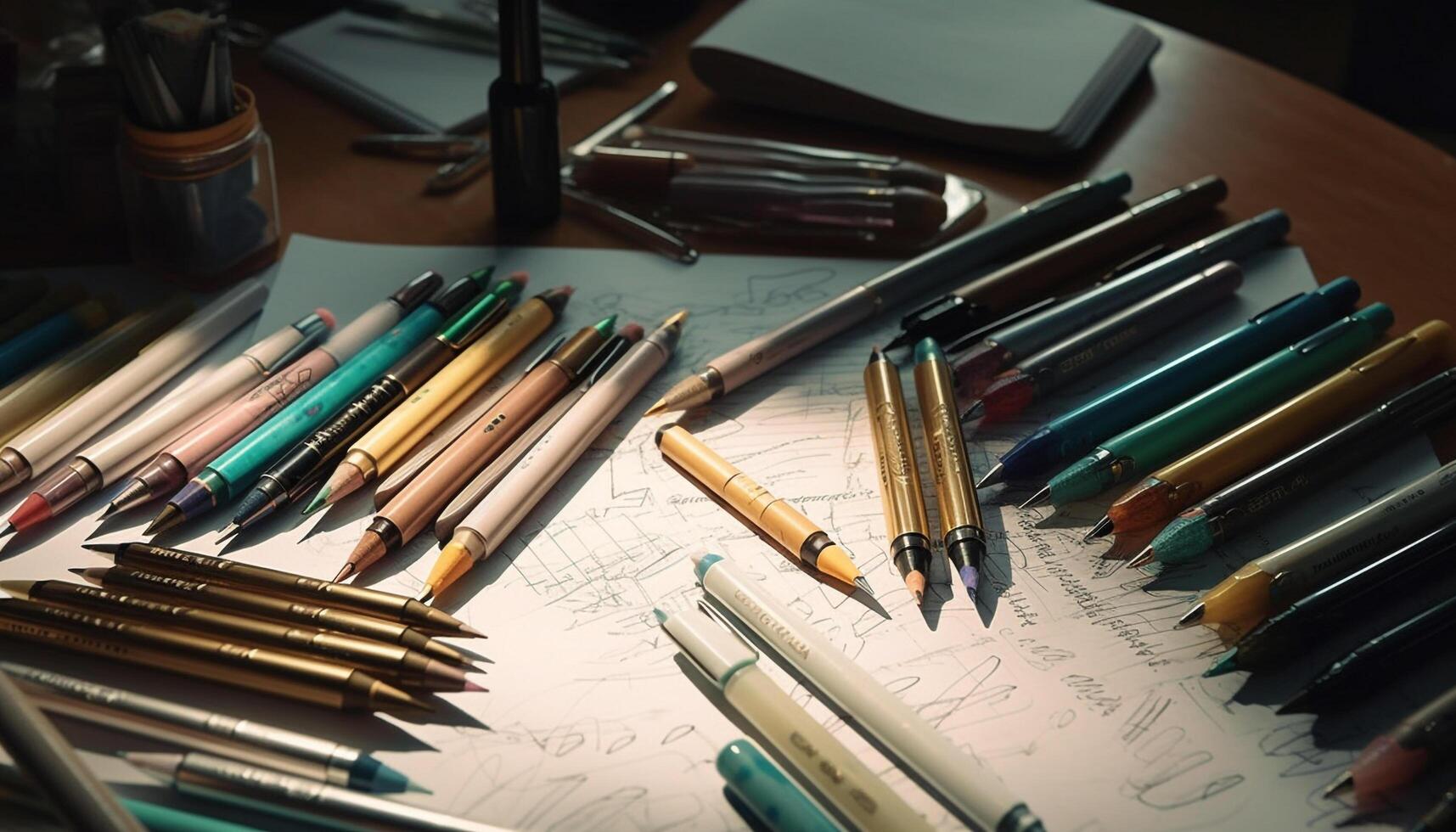 Variety of colorful writing instruments on wooden desk generated by AI photo
