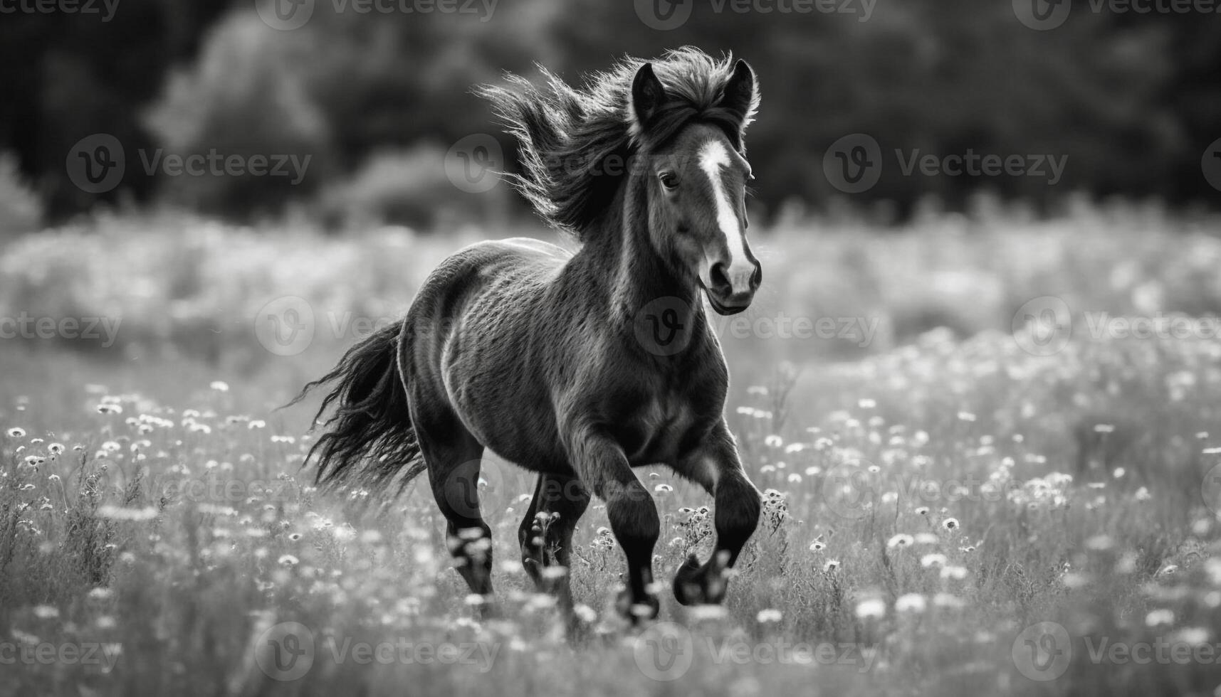 Thoroughbred horse running free in summer meadow generated by AI photo