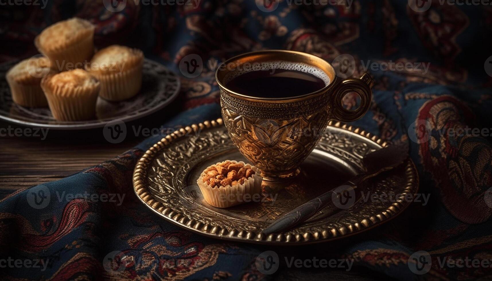 Homemade dessert and Turkish coffee on ornate table generated by AI photo