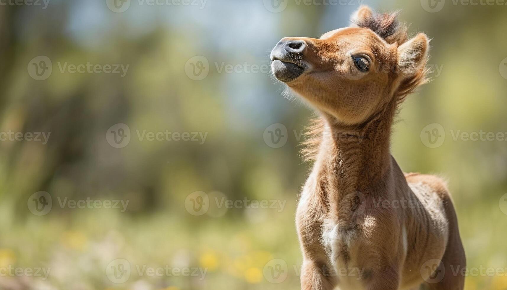 Fluffy alpaca standing in green meadow generated by AI photo