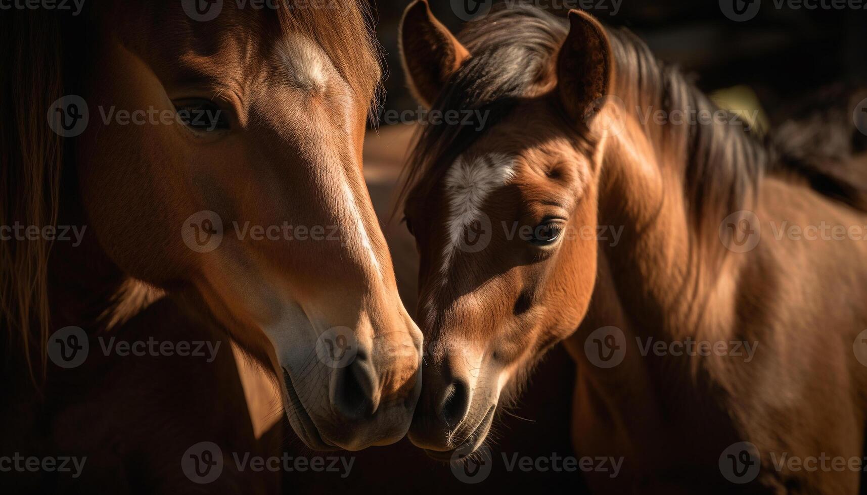 Thoroughbred horse and foal grazing in meadow generated by AI photo