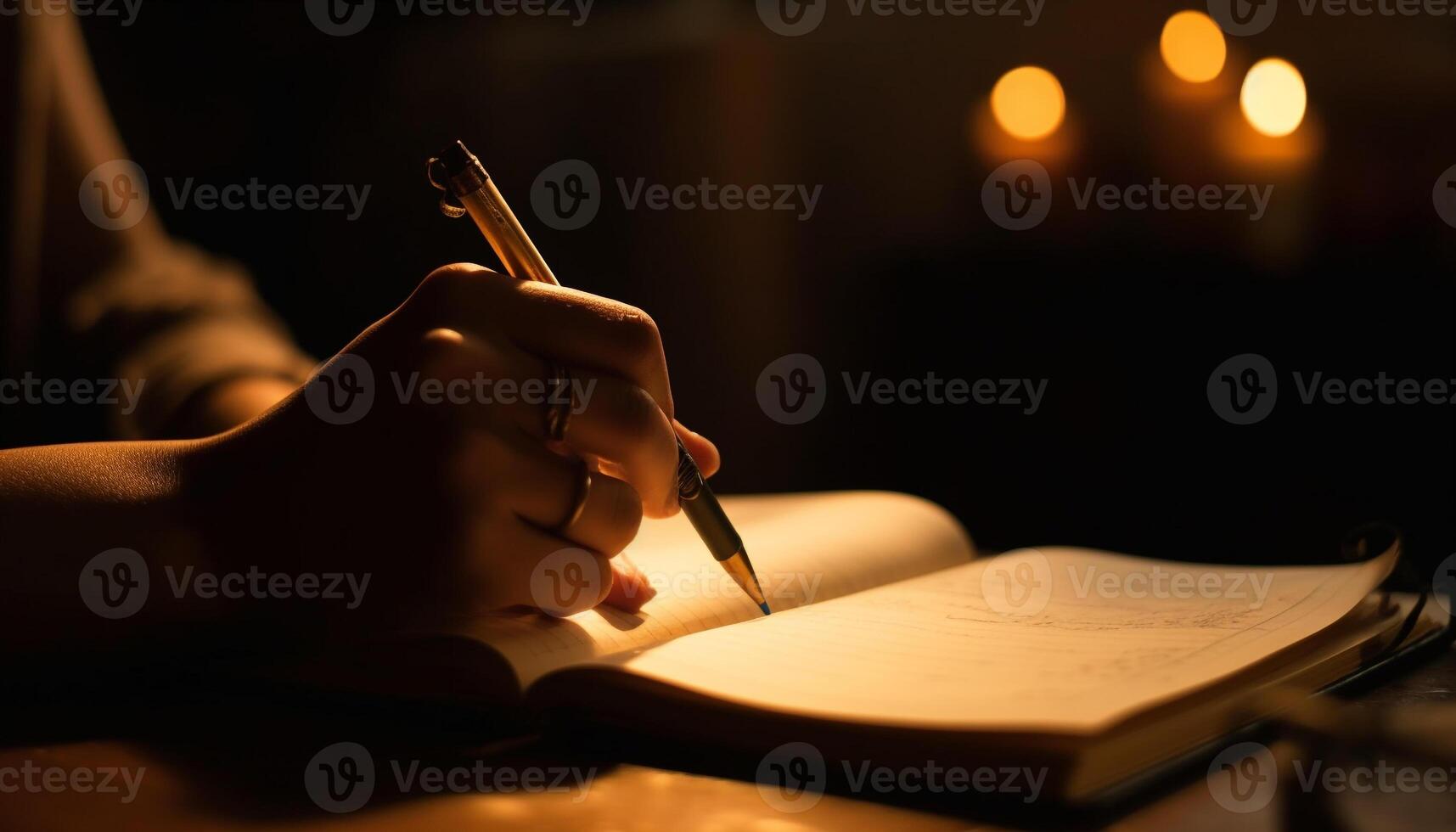 Young adult studying indoors, holding pen close up generated by AI photo