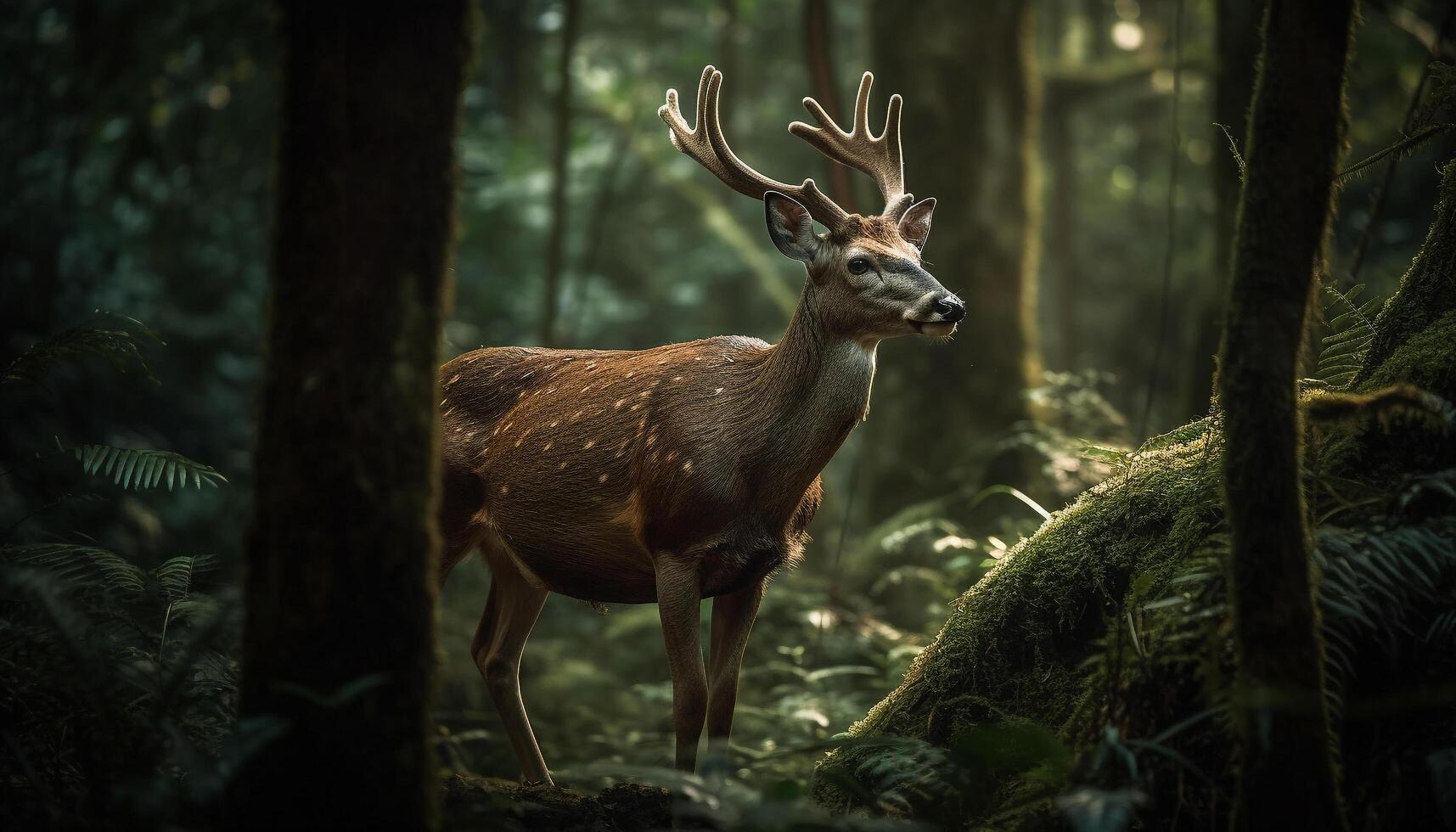 Horned stag standing in tranquil forest landscape generated by AI photo