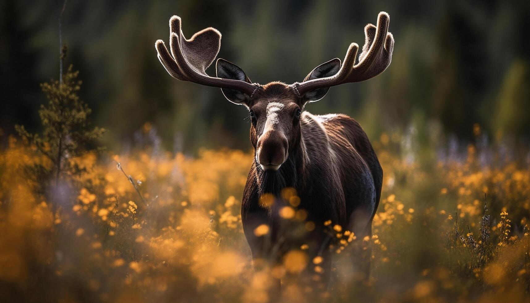 Horned stag grazing in autumn meadow generated by AI photo