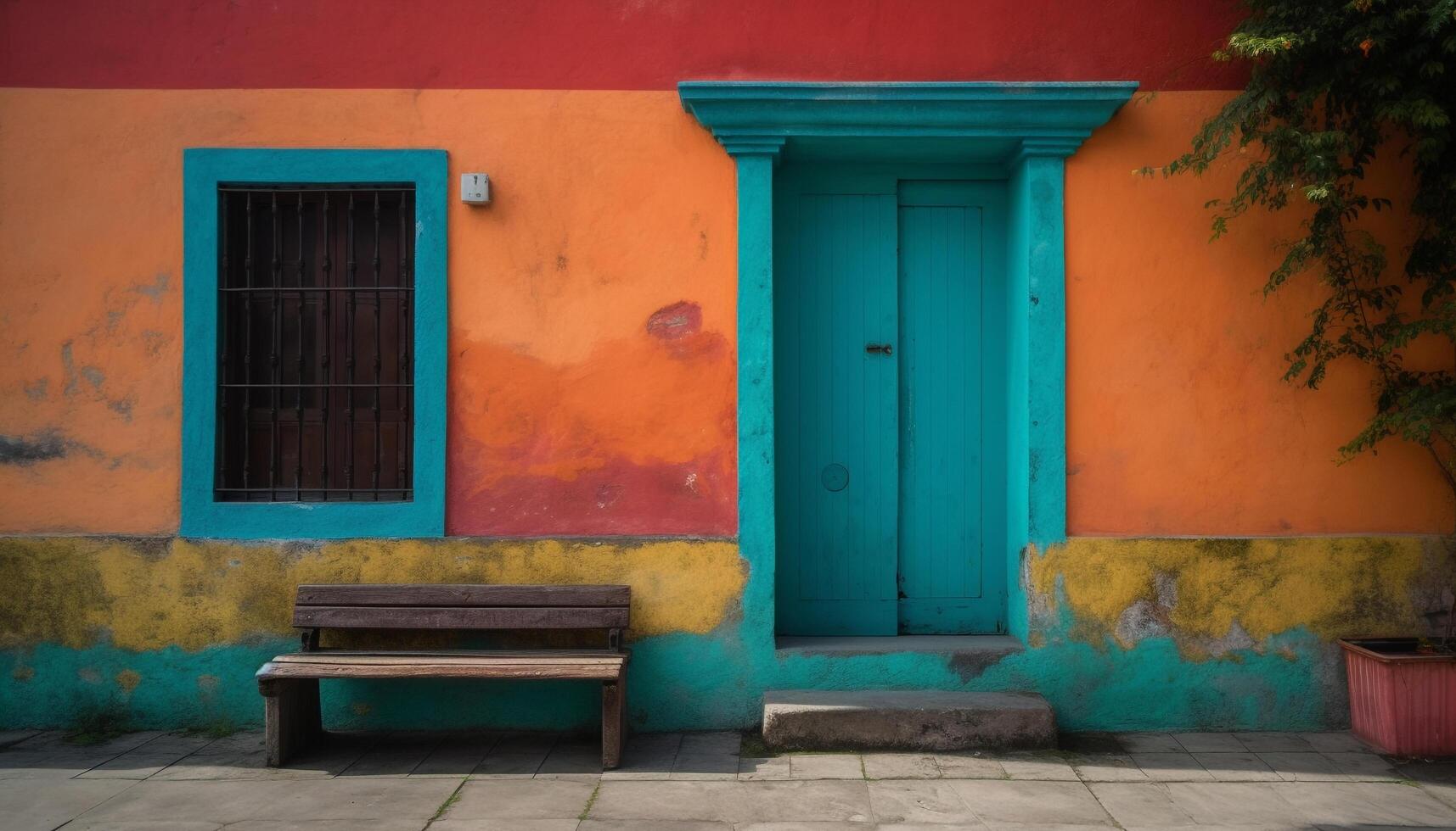 Weathered wood bench sits outside old building generated by AI photo