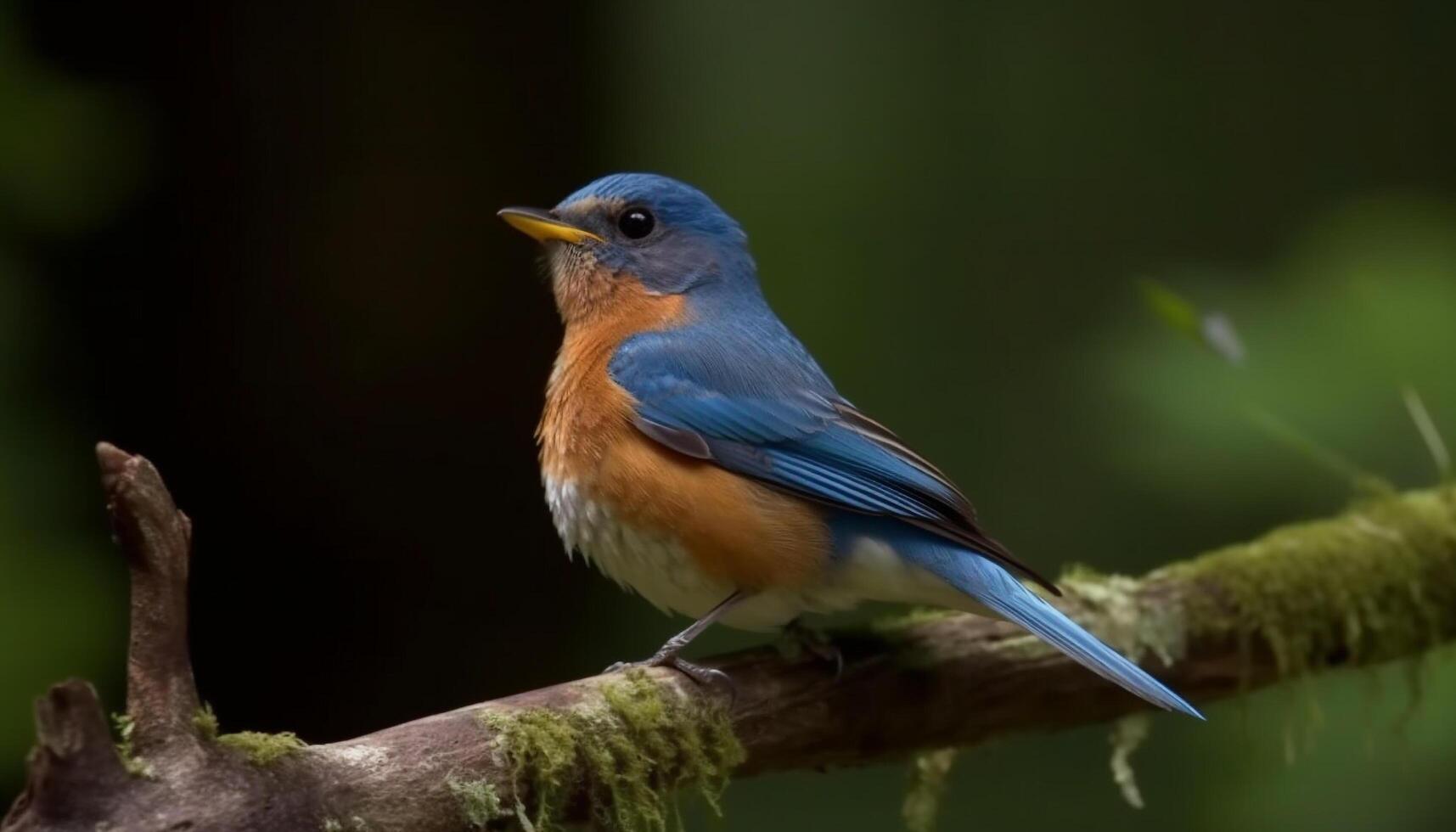 Yellow bird perching on twig, looking away generated by AI photo