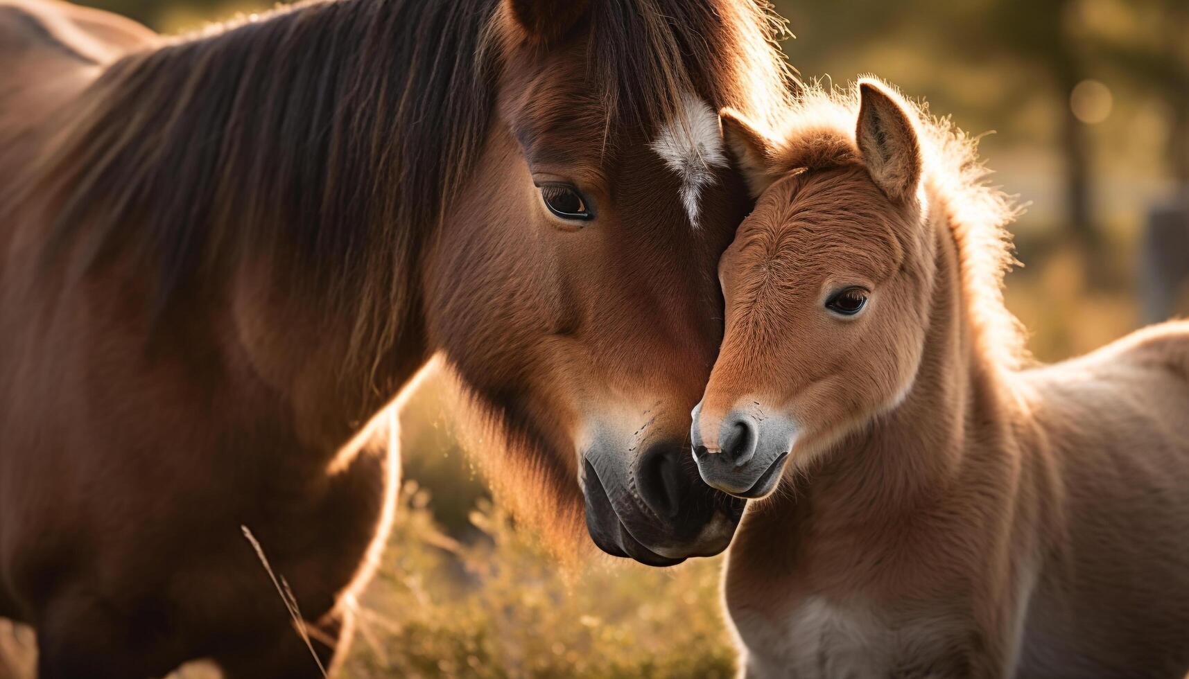 Horses grazing in meadow at sunset together generated by AI photo