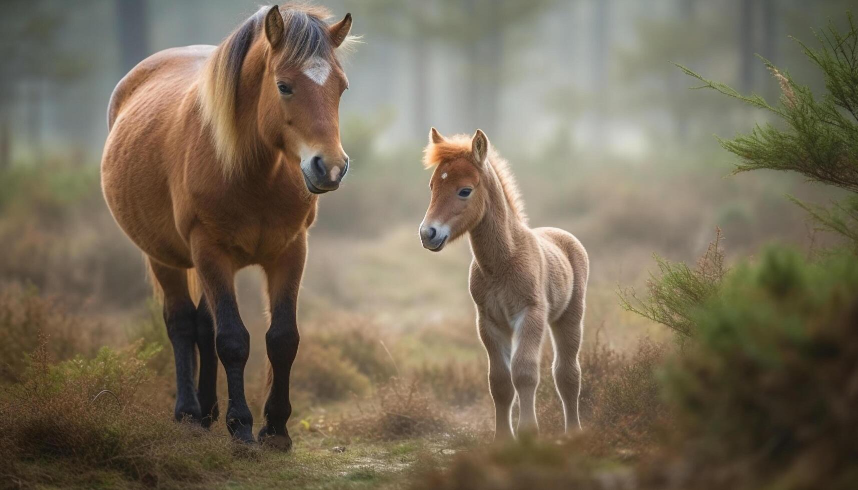 Horse family grazing in meadow at sunset generated by AI photo