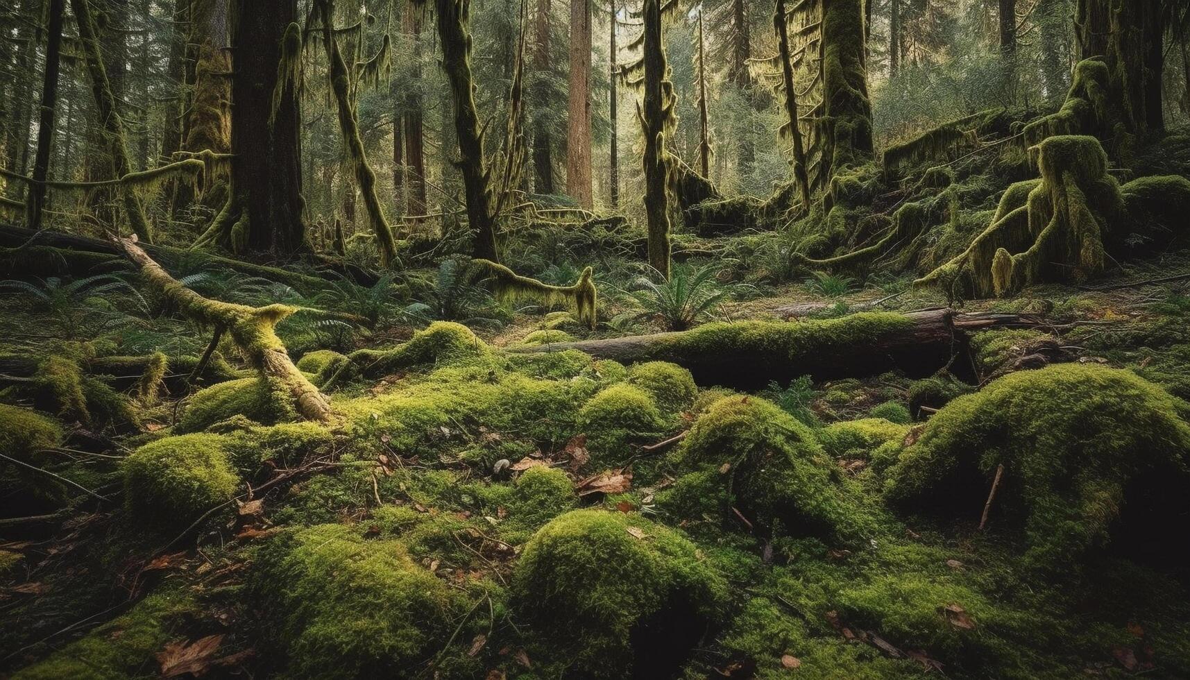 Tranquil scene of old growth forest adventure generated by AI photo