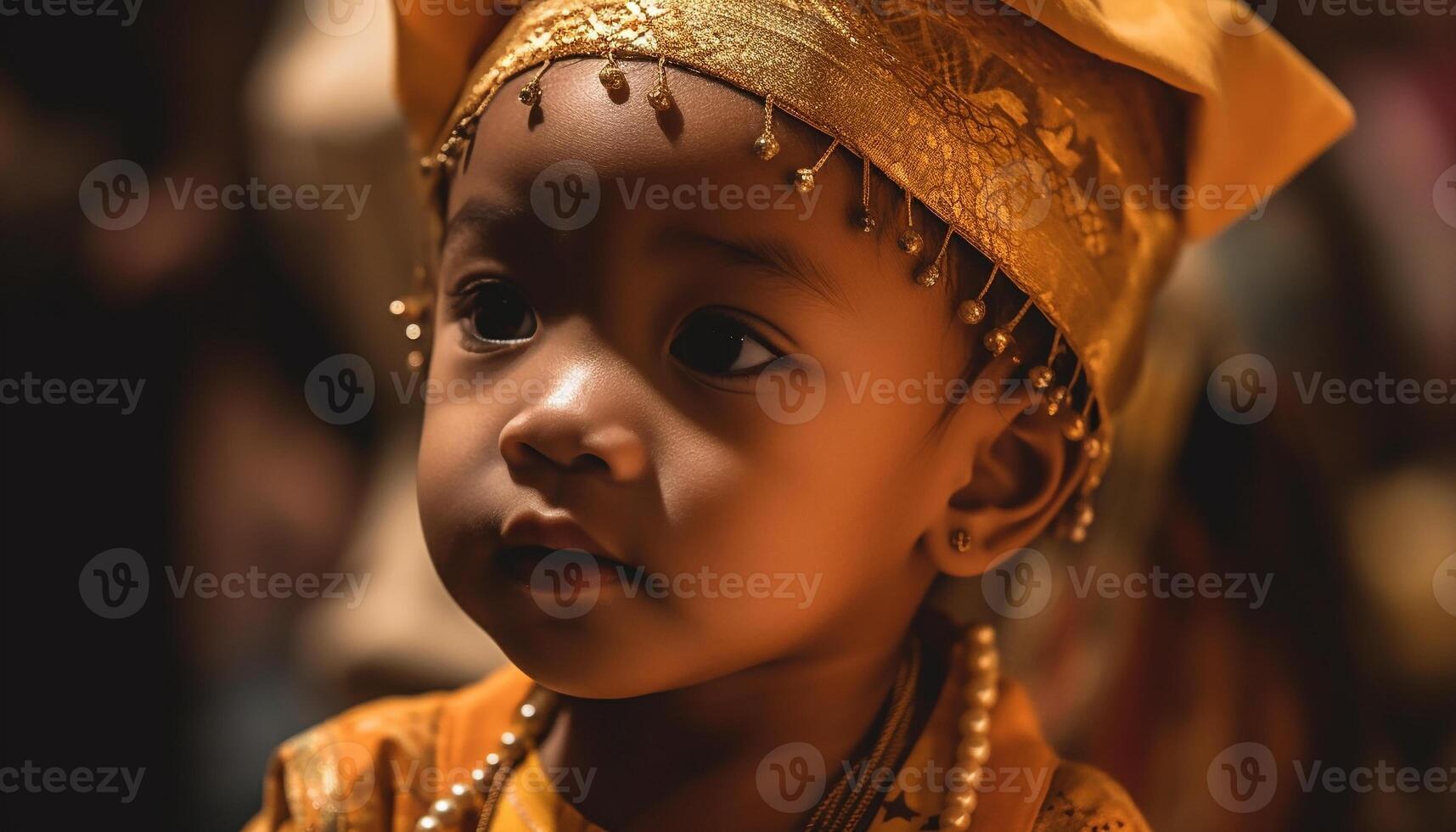 Smiling child in traditional clothing celebrates festival joyfully generated by AI photo