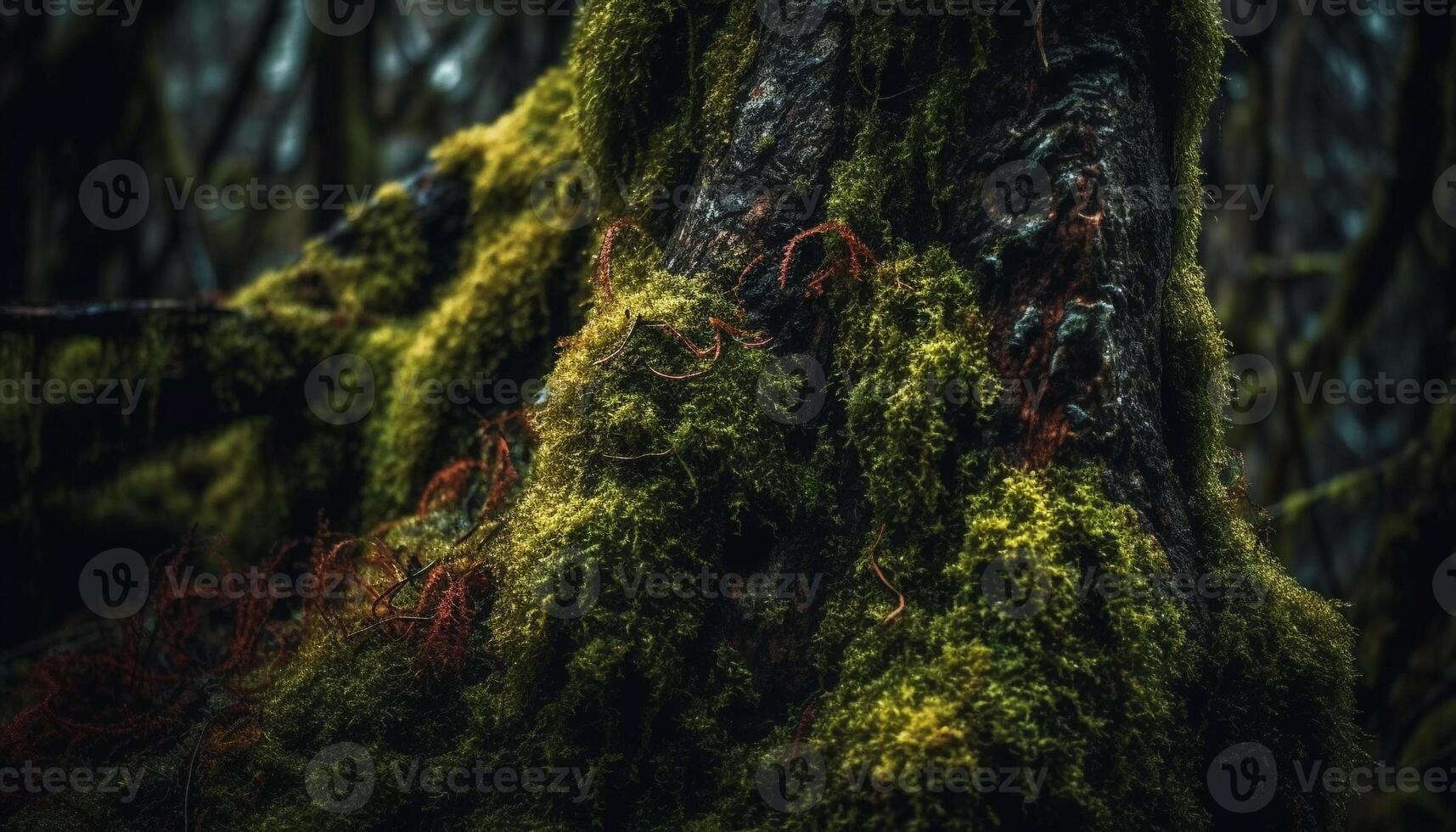 Multi colored leaves adorn old pine tree trunk generated by AI photo