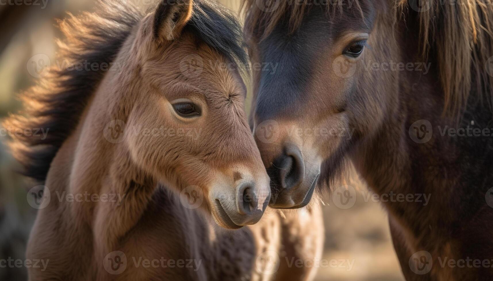 Stallion and mare graze in rural meadow generated by AI photo