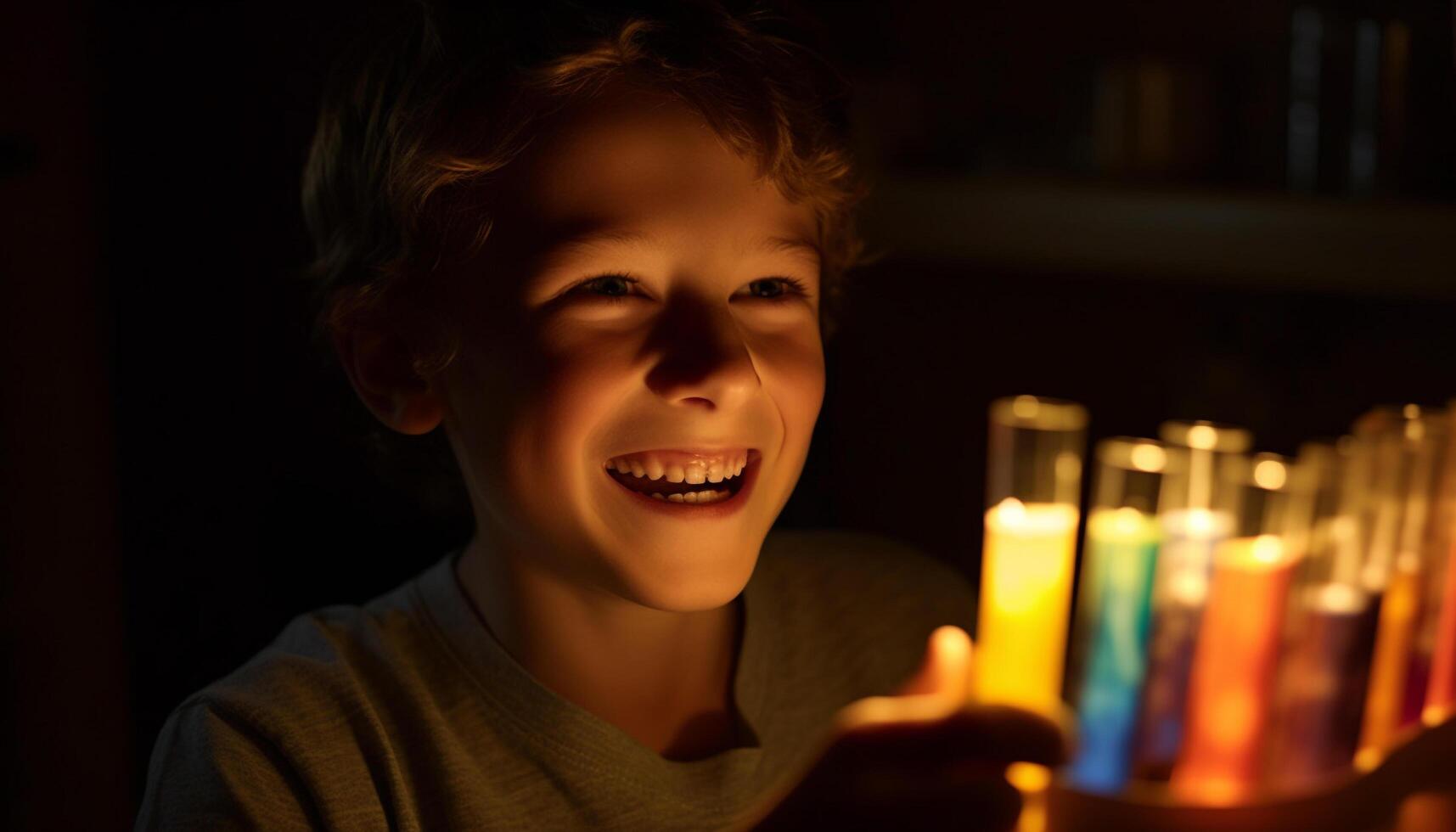 Cute schoolboy studying science, holding liquid flame generated by AI photo
