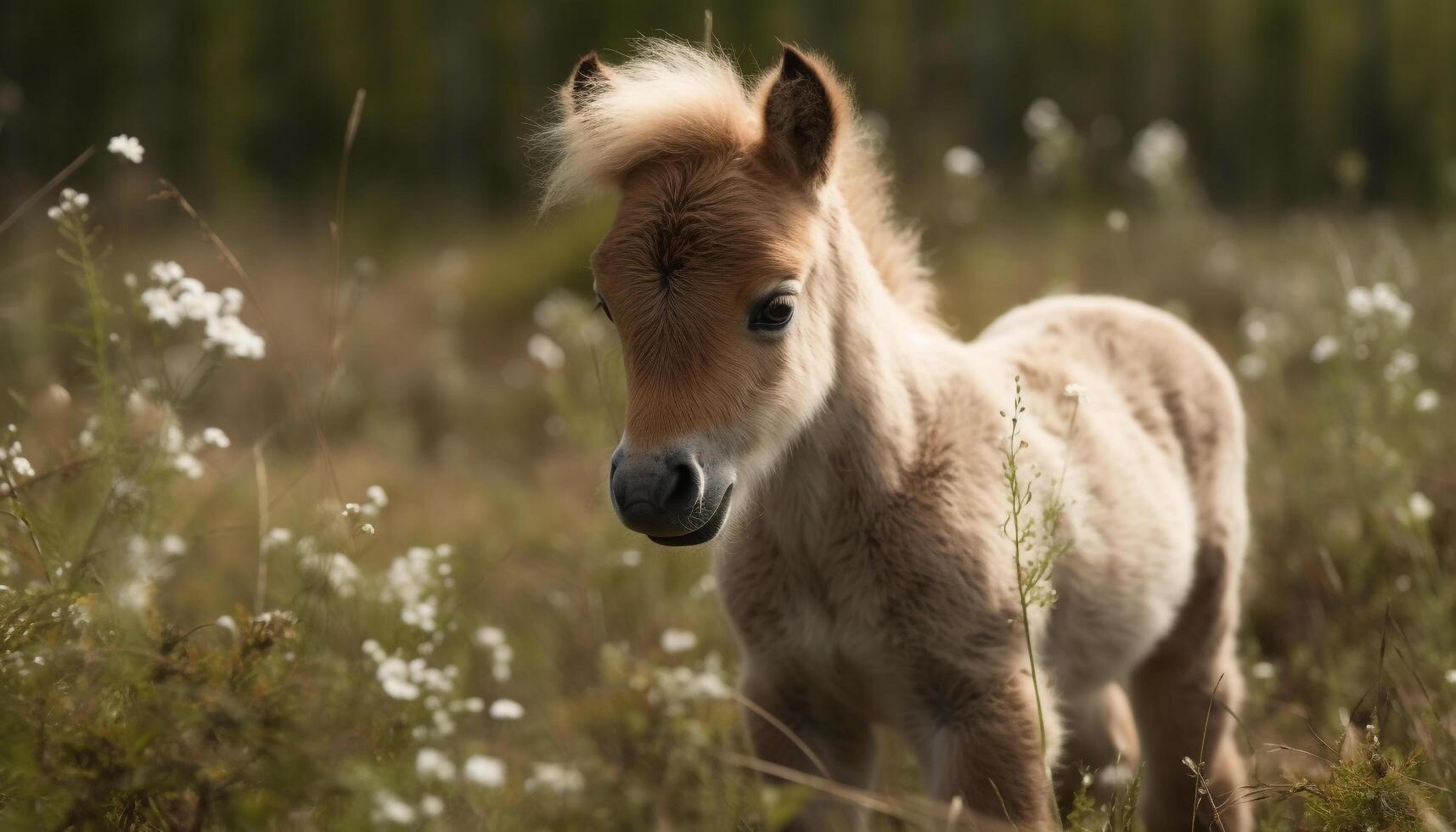 Cute foal grazing in green meadow outdoors generated by AI photo
