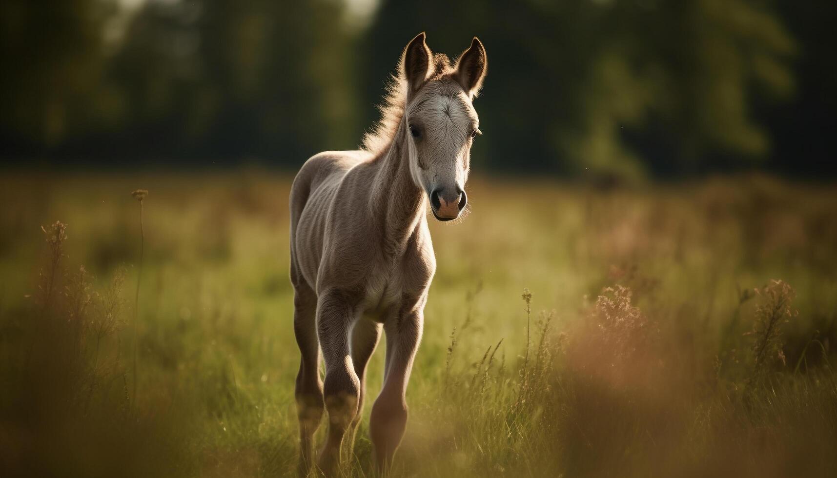 Stallion and mare grazing in tranquil meadow generated by AI photo