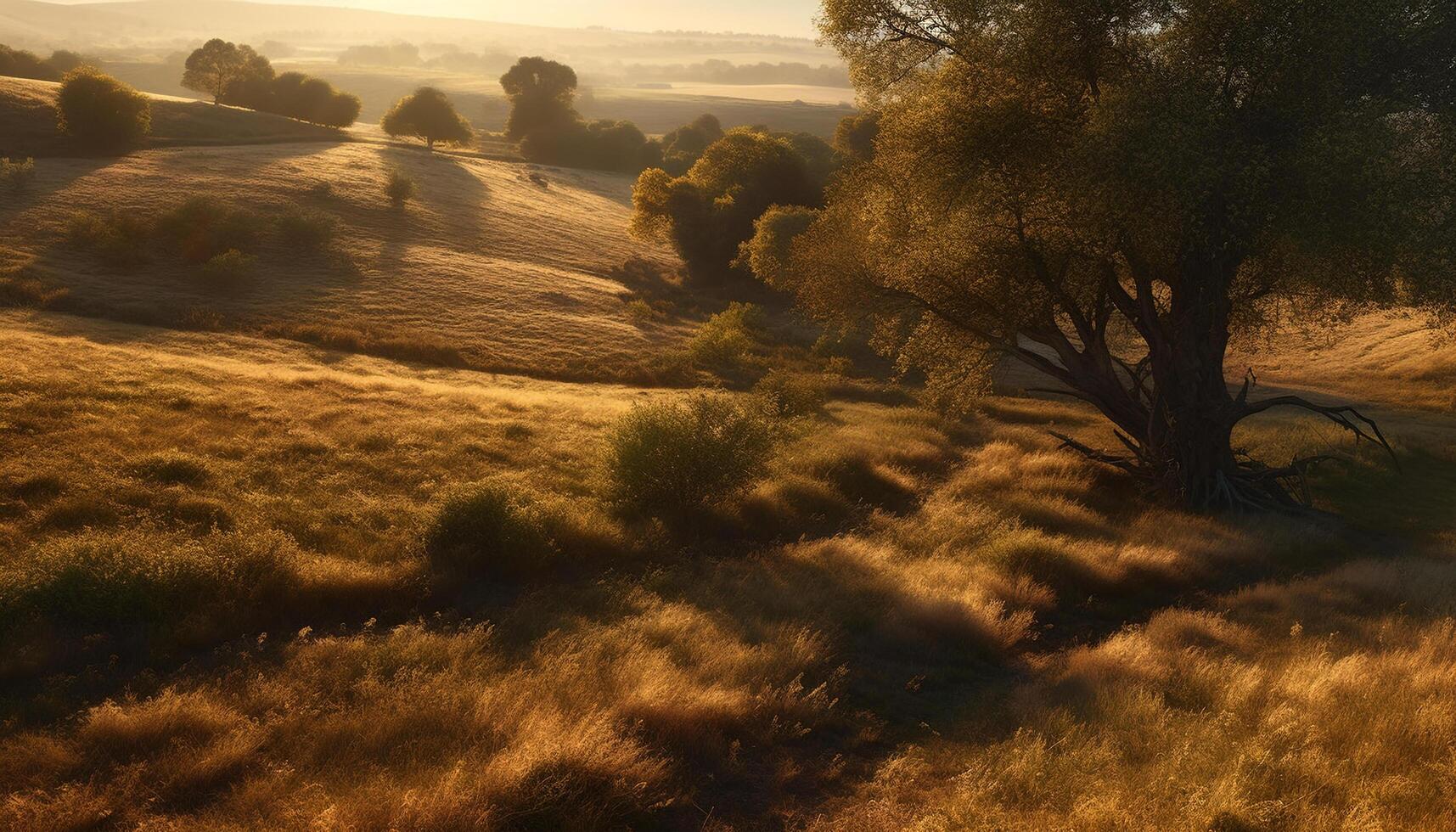 Sunset over tranquil meadow, nature beauty shines generated by AI photo