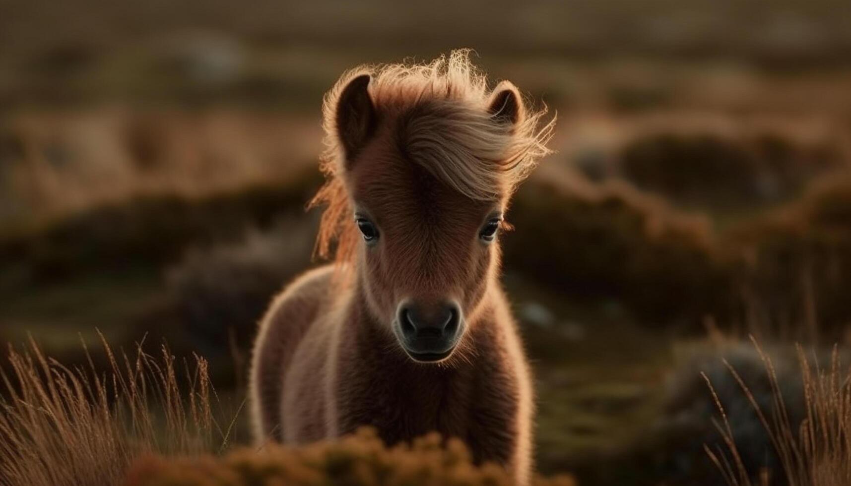 Cute foal grazing in rural meadow sunset generated by AI photo