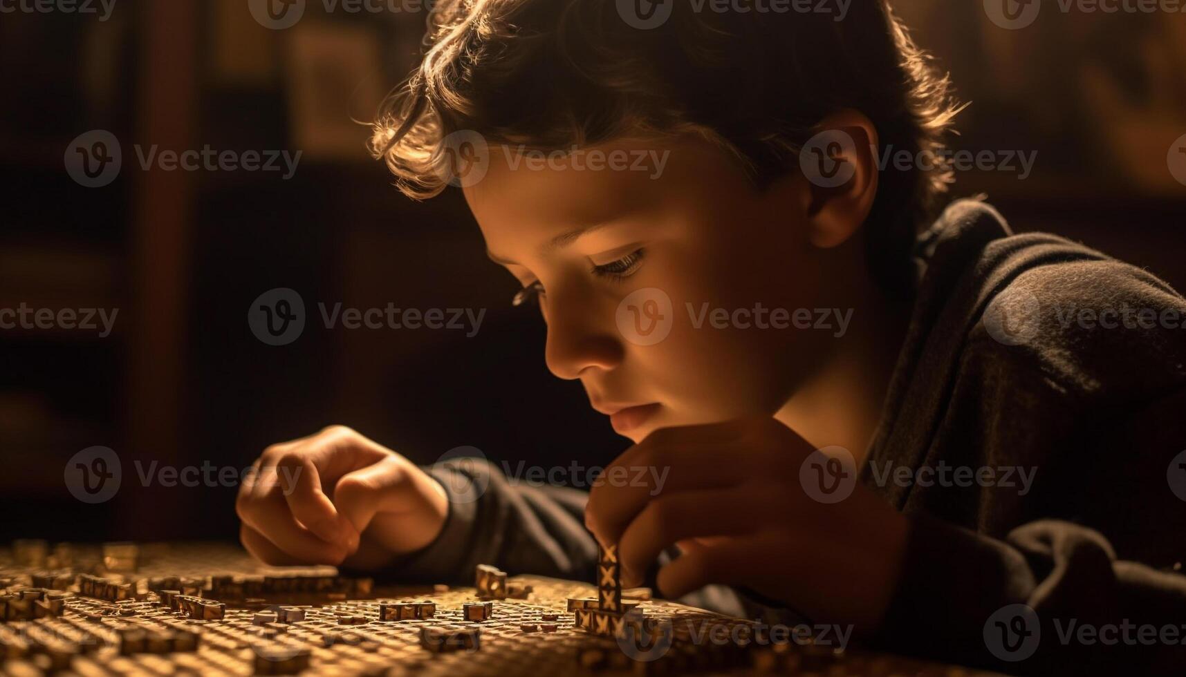 Boys playing table games, concentration and fun generated by AI photo