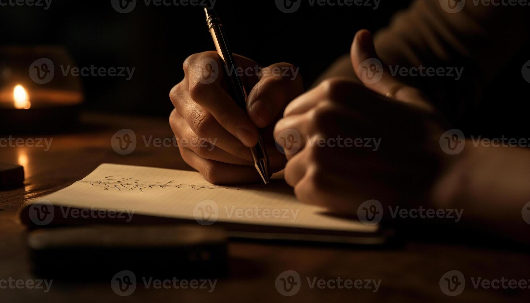 Handwriting men working on paper with pen generated by AI photo