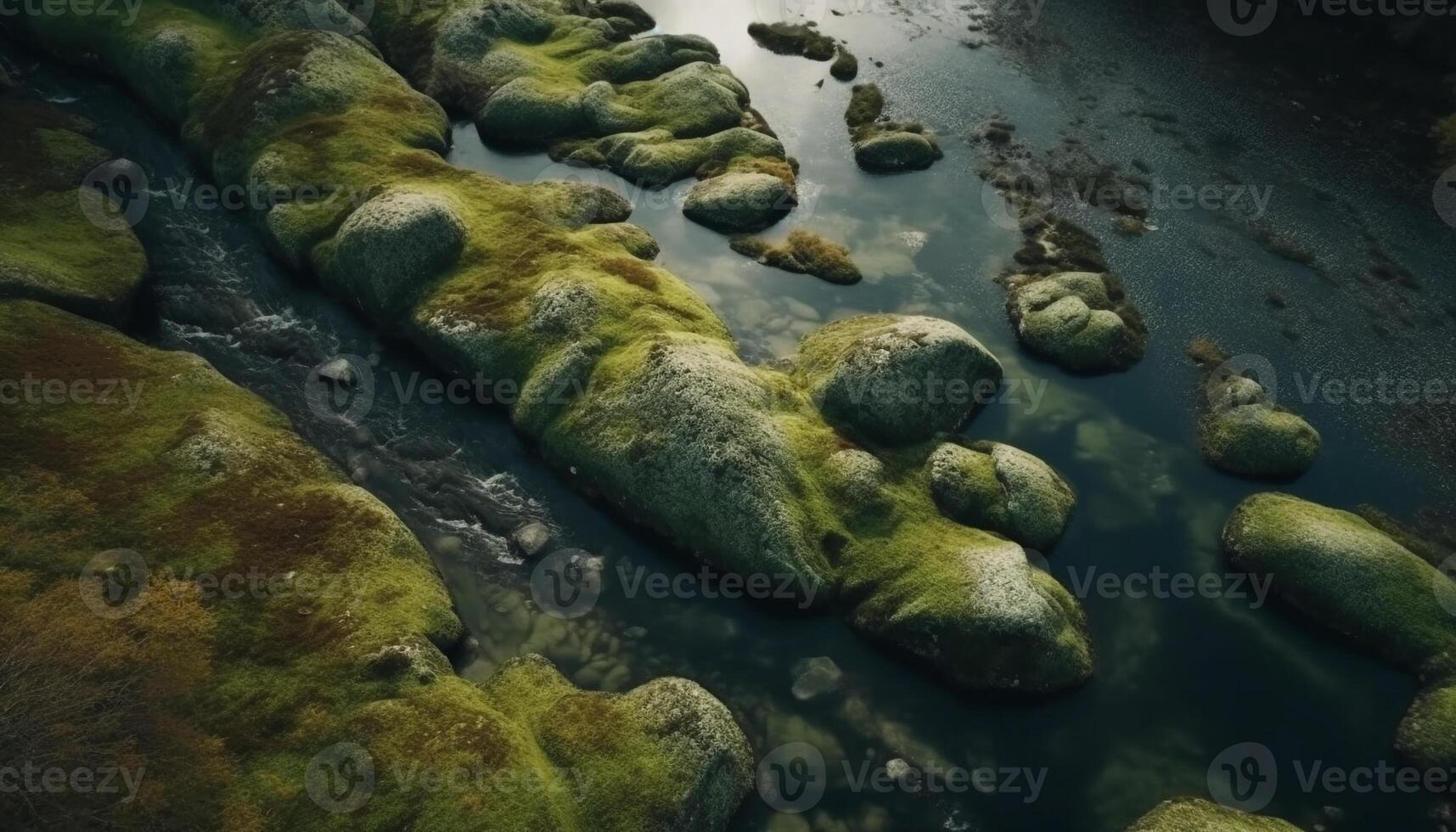tranquilo escena de fluido agua terminado rocas generado por ai foto