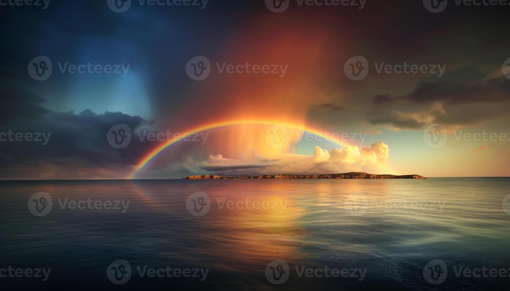 Sunset over the vibrant, multi colored seascape horizon generated by AI photo