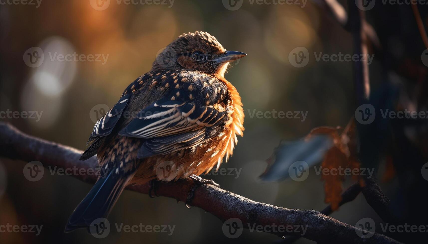 Yellow starling perched on branch, looking cute generated by AI photo