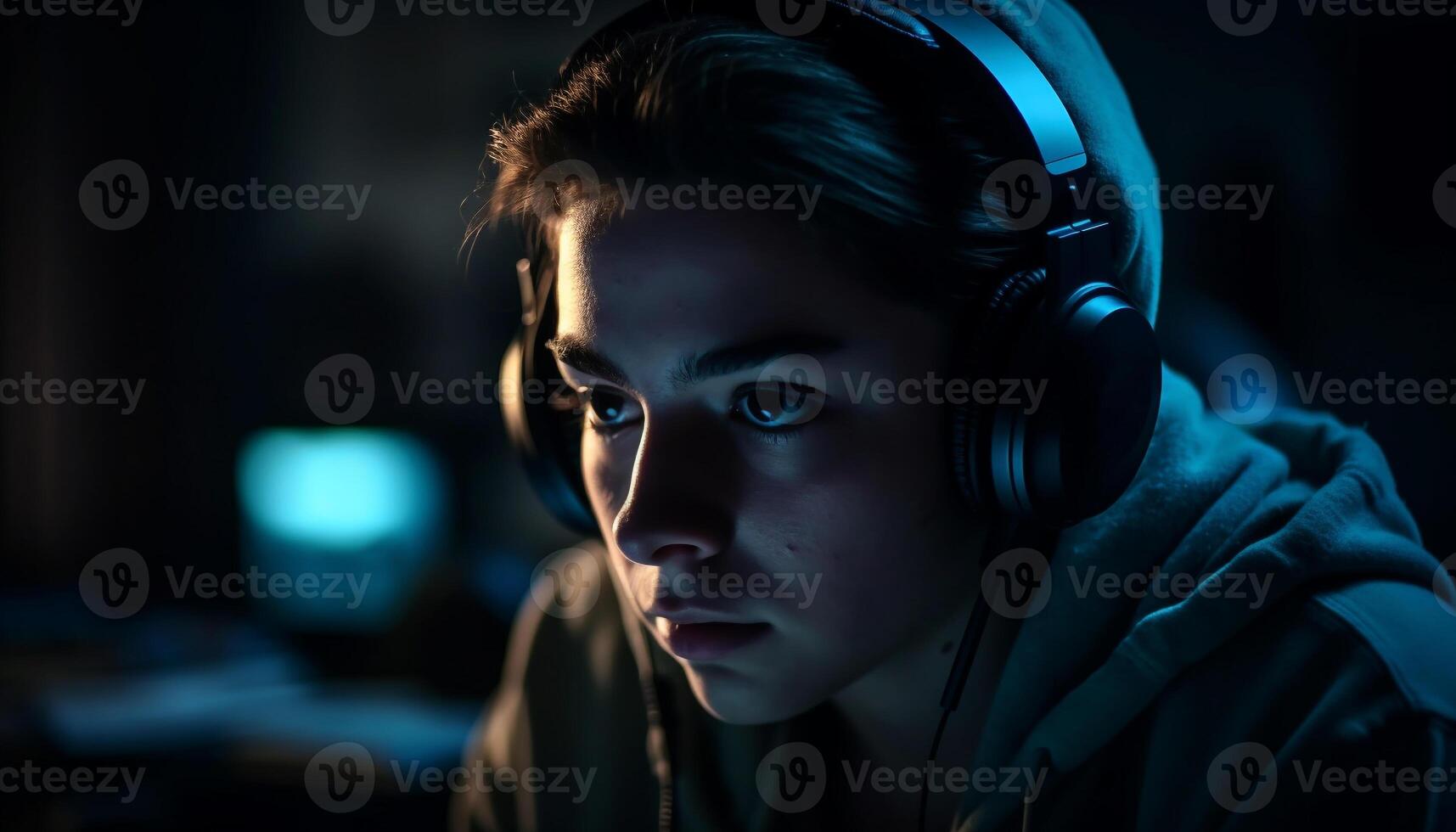 Young adult enjoying nightlife, listening with headphones generated by AI photo