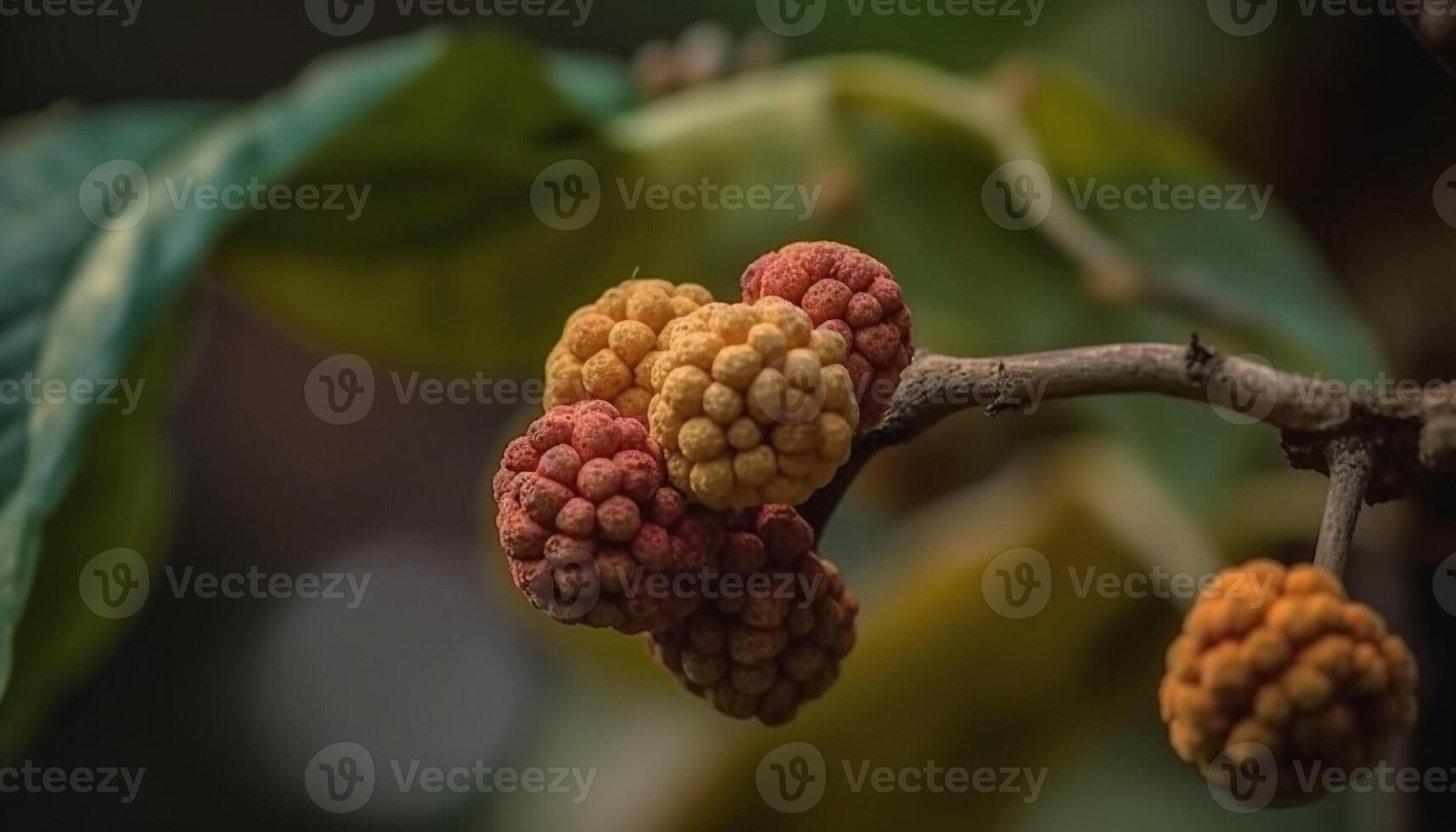 Ripe raspberry on green branch in autumn generated by AI photo