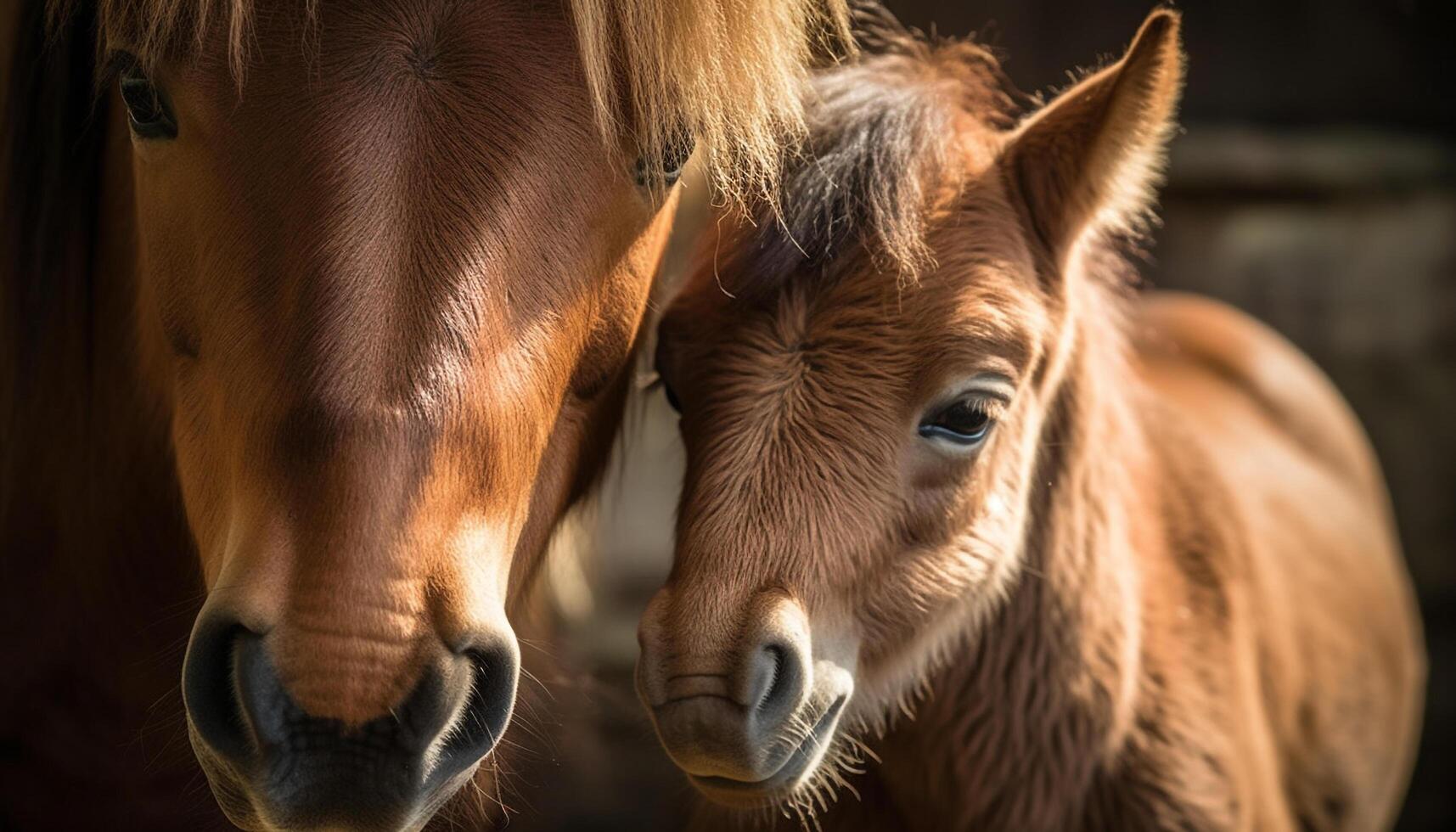 Stallion and mare graze in meadow sunset generated by AI photo