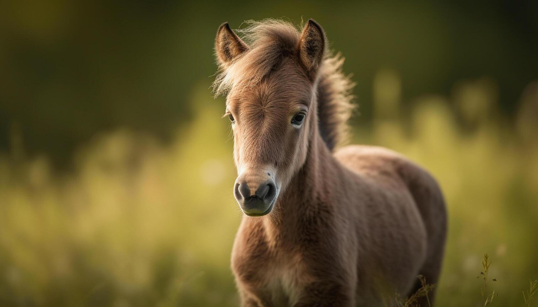 Cute foal grazing in green meadow outdoors generated by AI photo