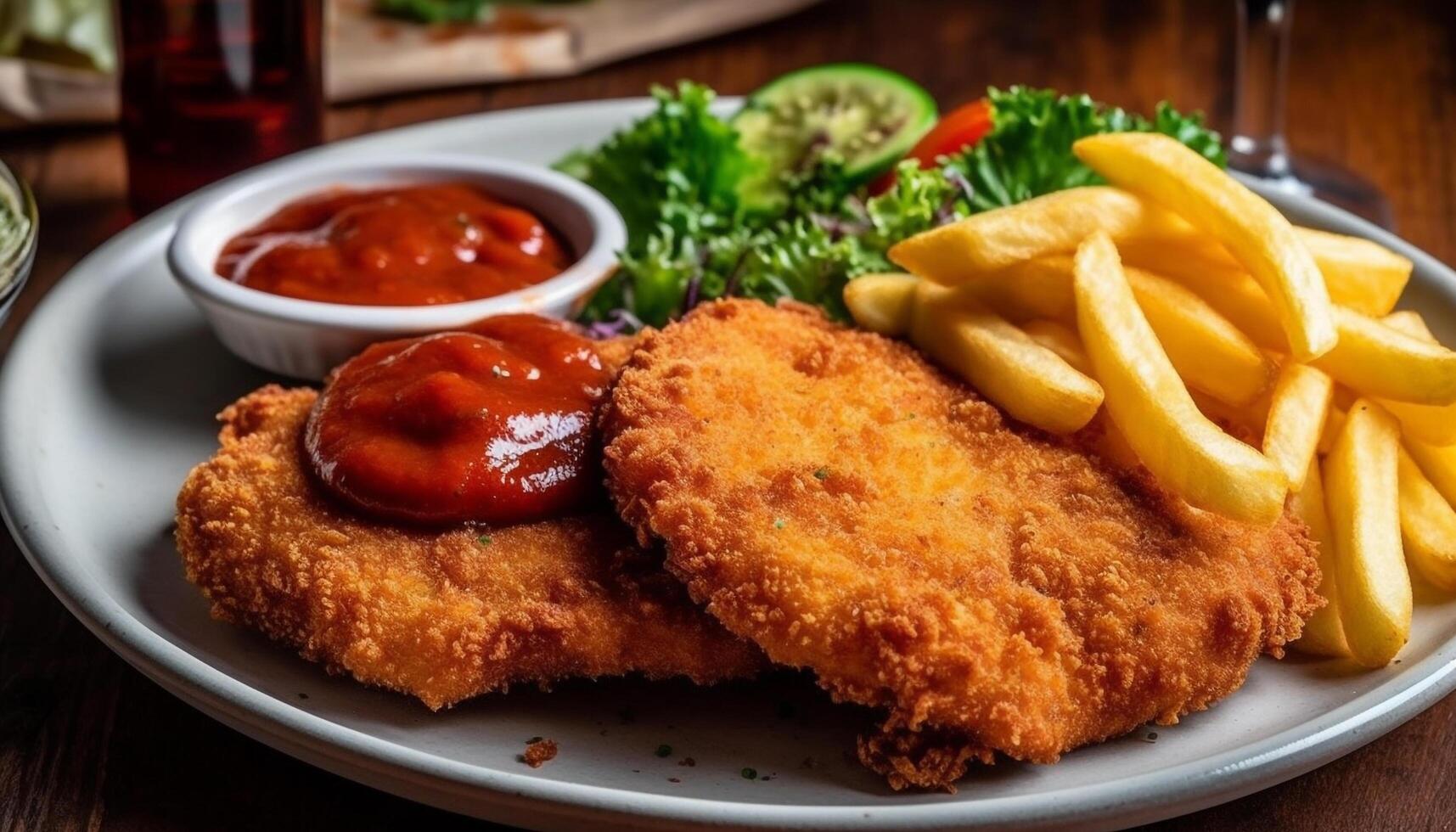 Breaded pork fillet with French fries and salad generated by AI photo