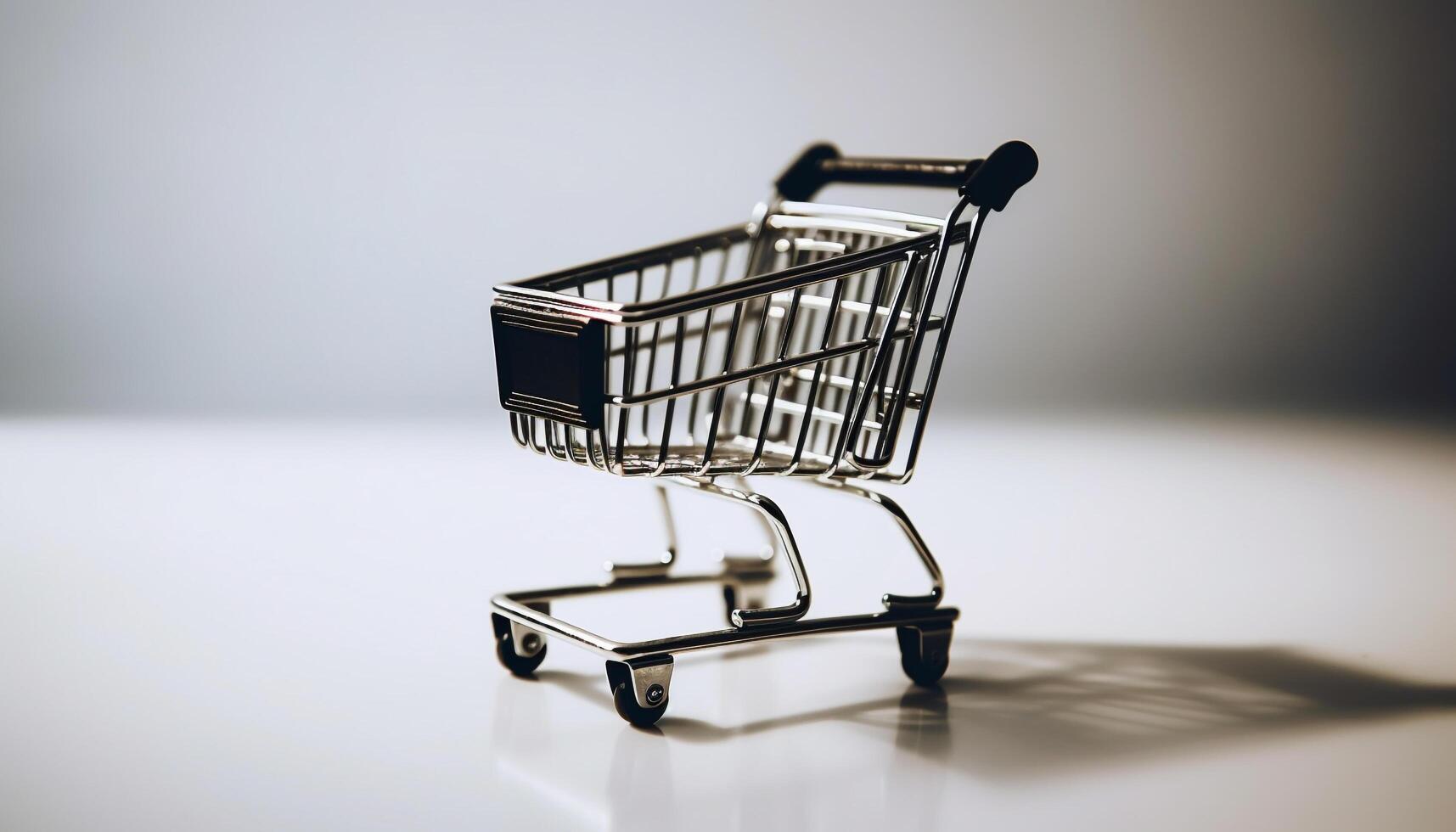 Metallic shopping cart carries empty basket indoors generated by AI photo