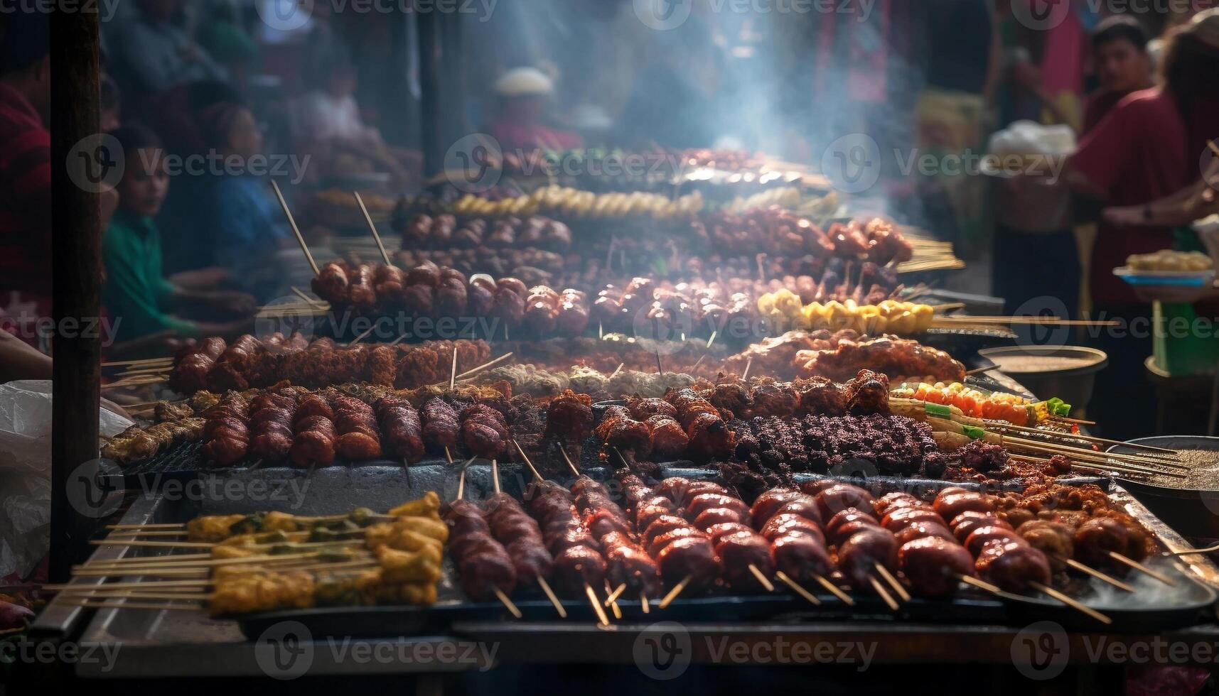 Grilled skewers of meat, seafood, and vegetables generated by AI photo