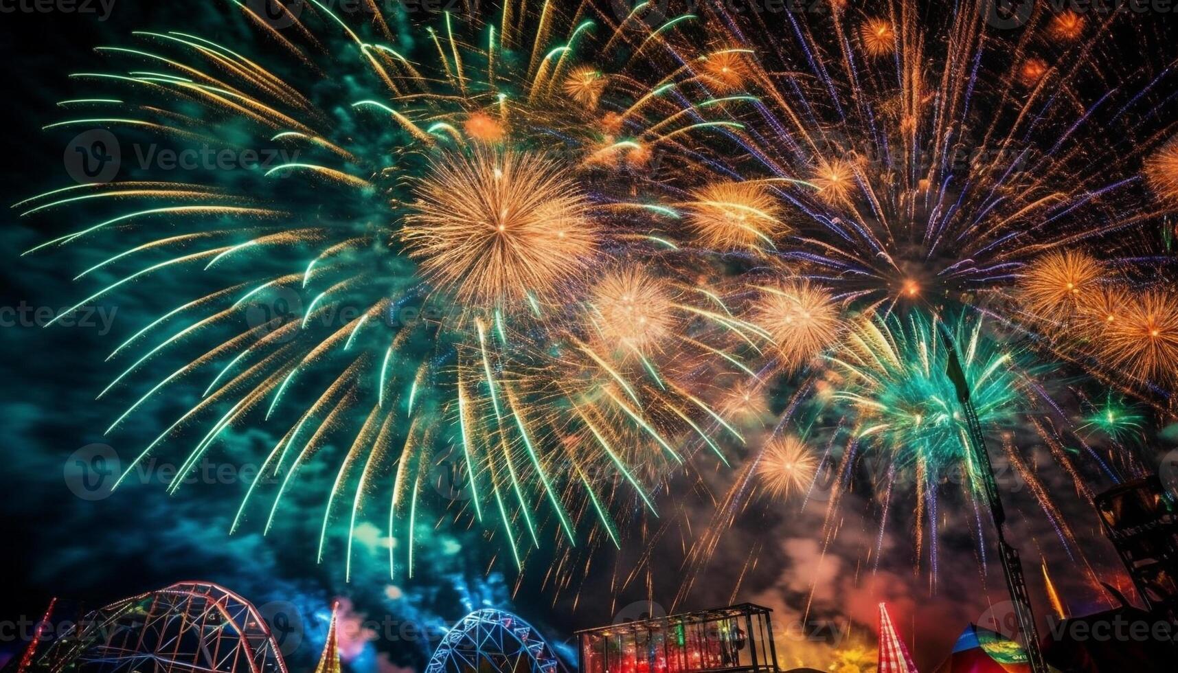 Vibrant colors illuminate the night sky with fireworks generated by AI photo