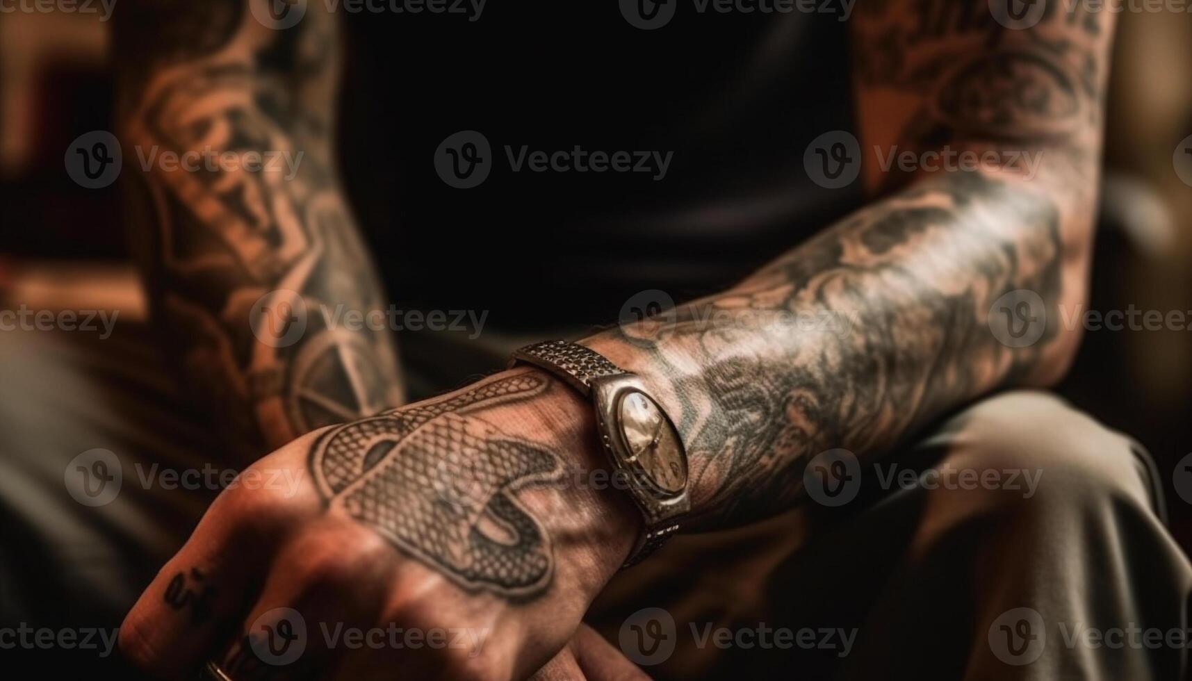 Tattooed man sitting, holding pattern with confidence generated by AI photo