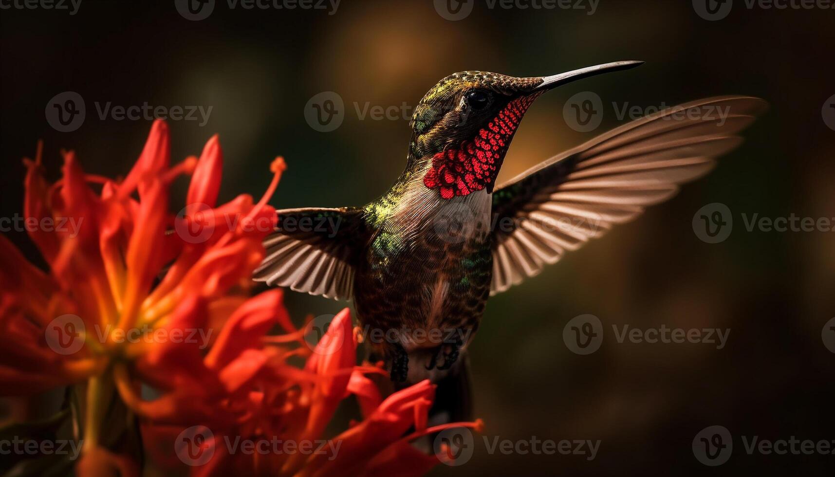 Hummingbird hovering mid air, pollinating vibrant yellow flower generated by AI photo