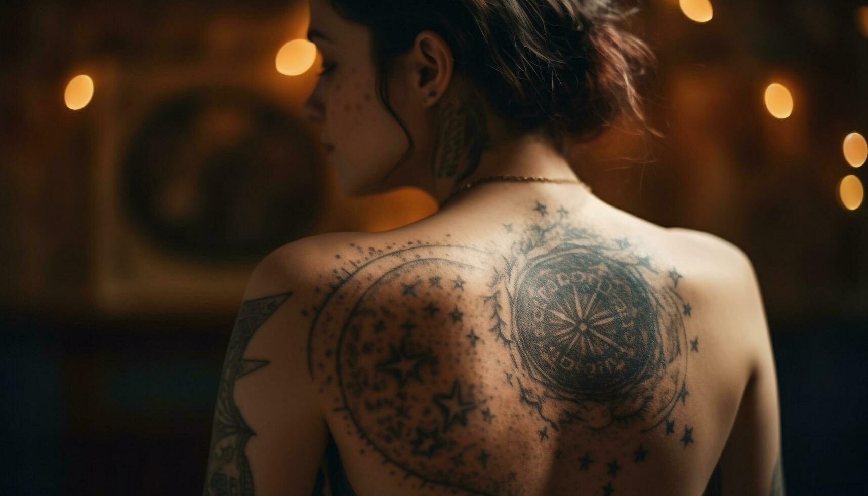 desnudo joven mujer tatuajes su hombro al aire libre generado por ai foto