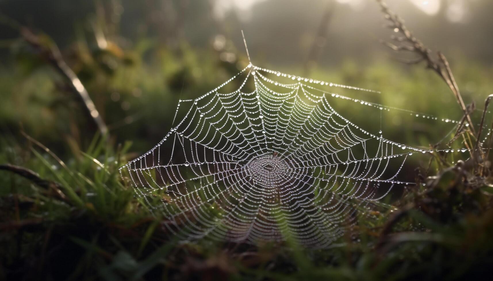 araña web brilla con Rocío gotas al aire libre generado por ai foto