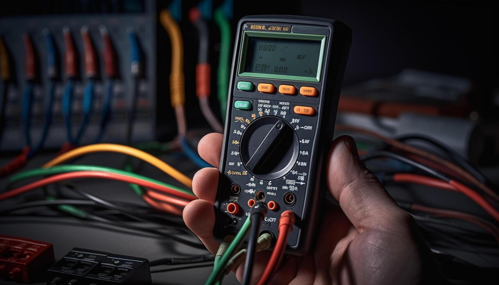 Expert technician examining electrical equipment with multimeter generated by AI photo