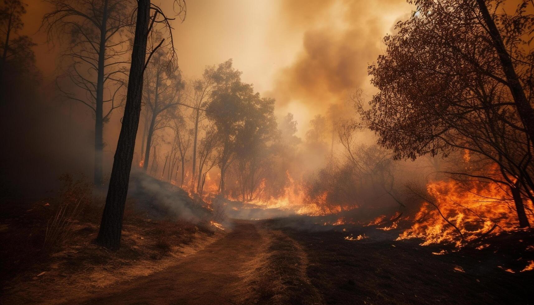 Burning forest, mystery in inferno spooky beauty generated by AI photo