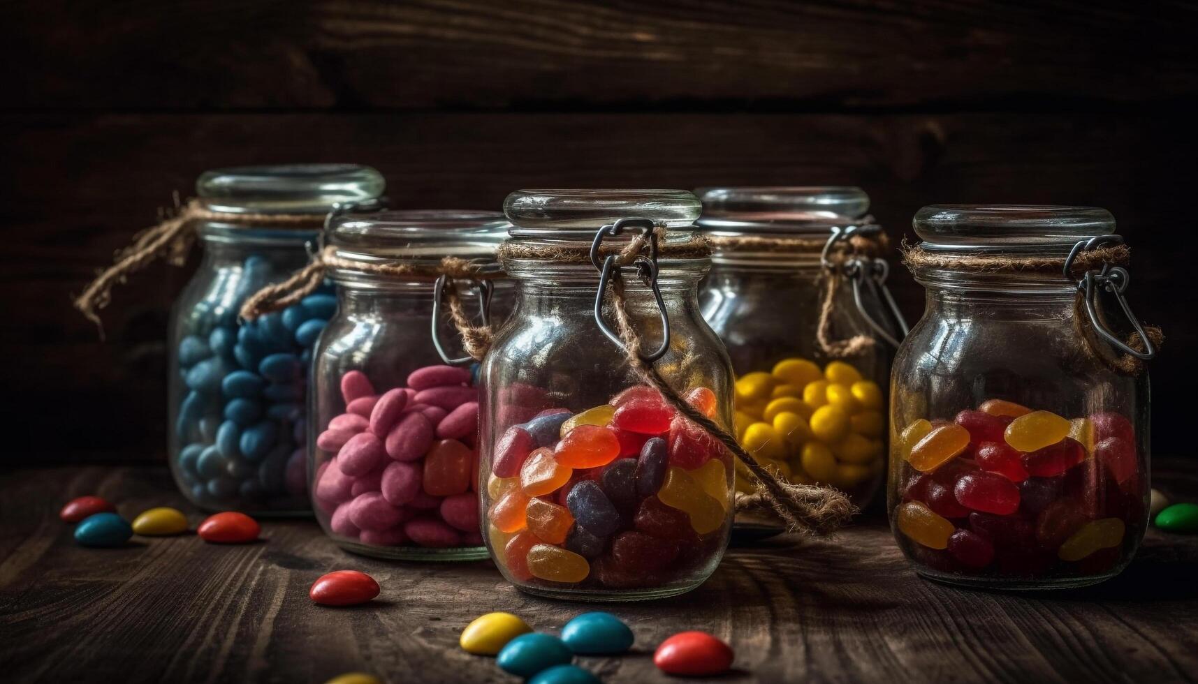 Sweet candy jar with multi colored indulgence variety generated by AI photo