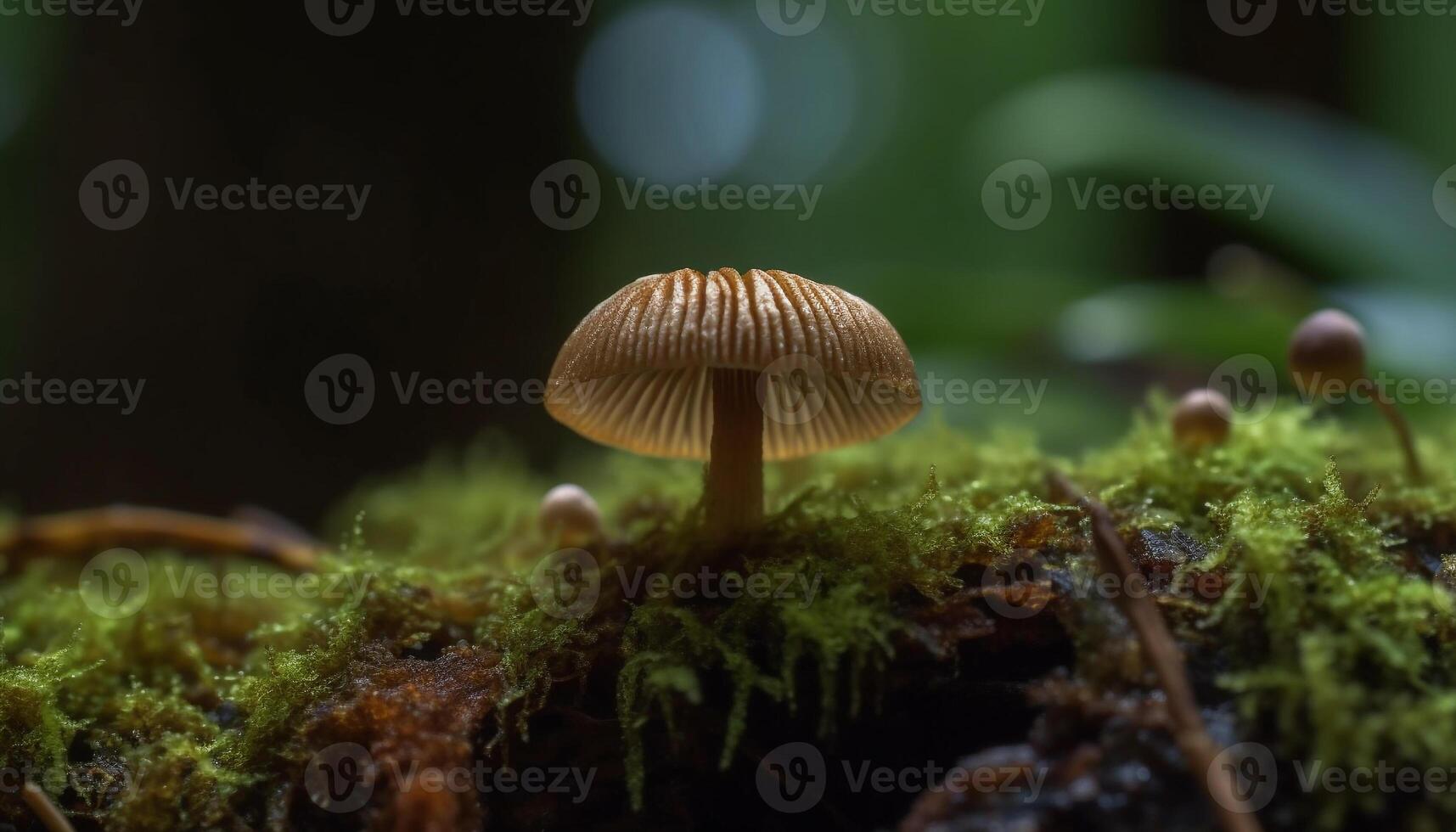 Fresco crecimiento de mosca agárico seta en bosque generado por ai foto