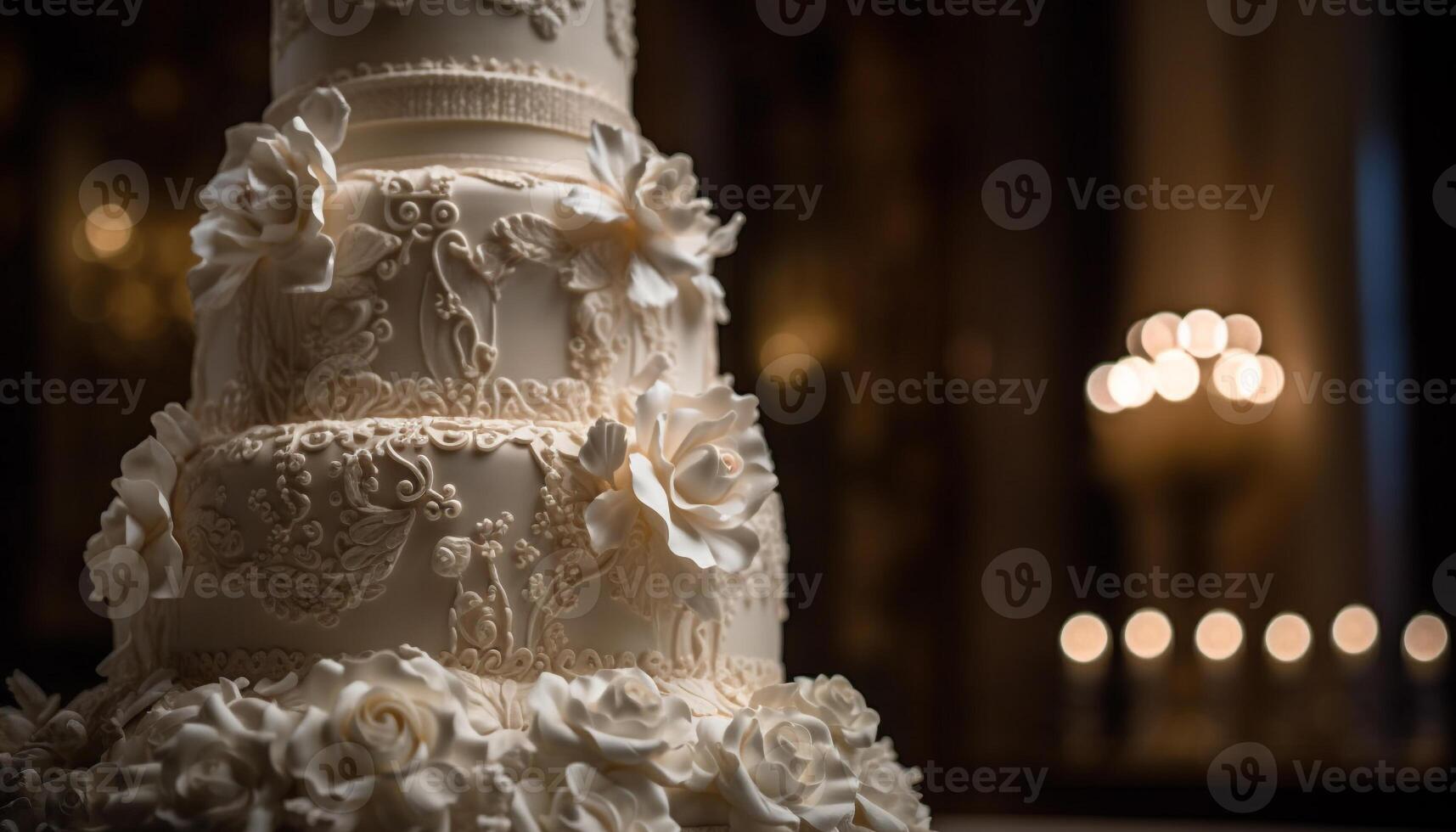 Elegant wedding cake with chocolate and flowers generated by AI photo