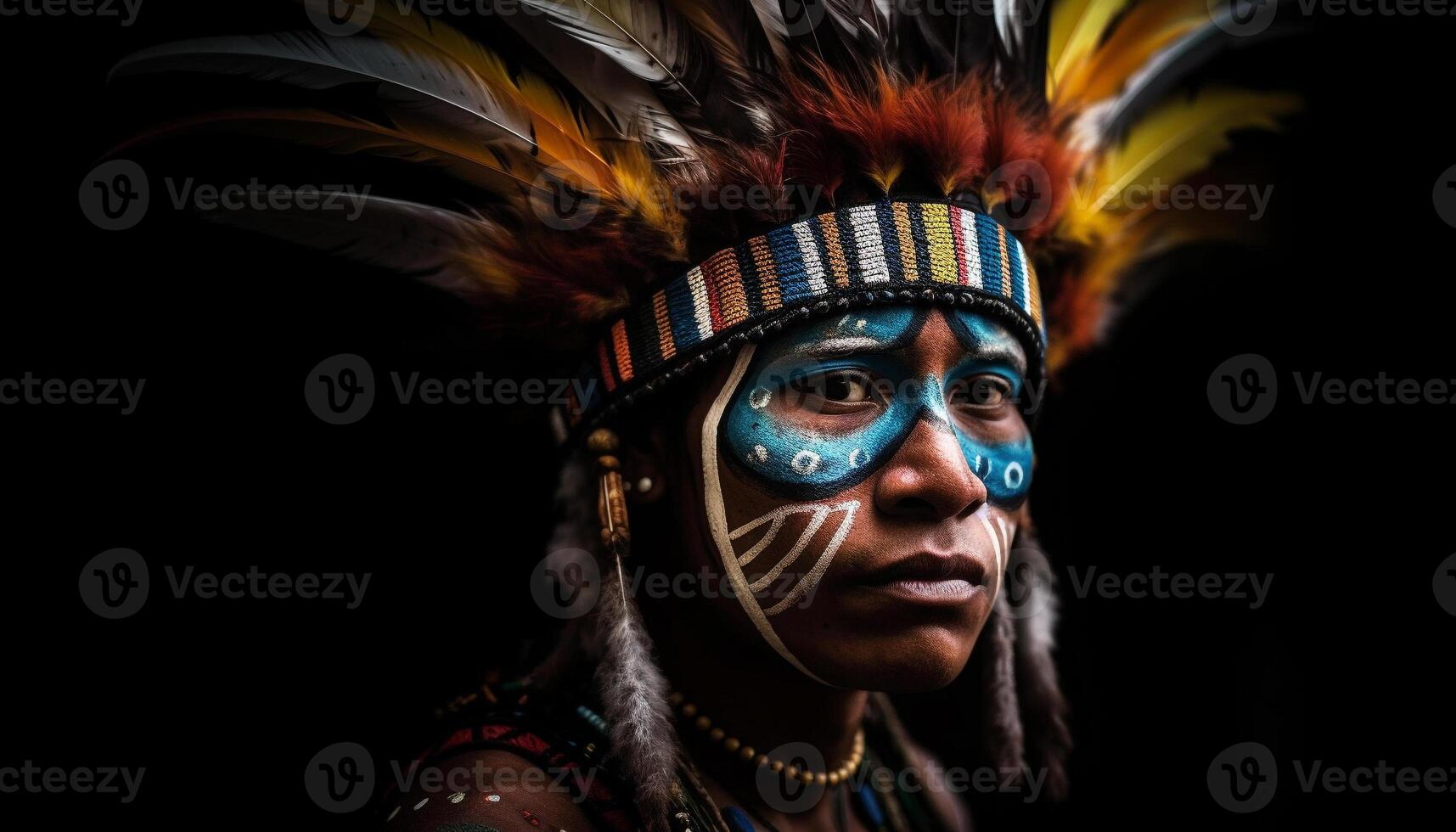 Indigenous woman in headdress smiles confidently at camera generated by AI photo