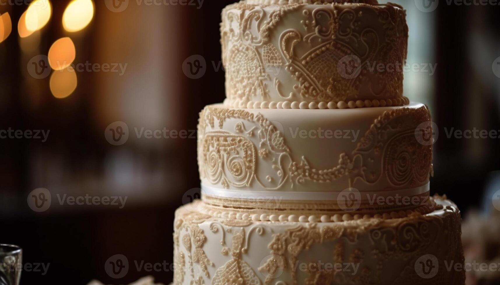 Ornate wedding cake with chocolate and cream generated by AI photo